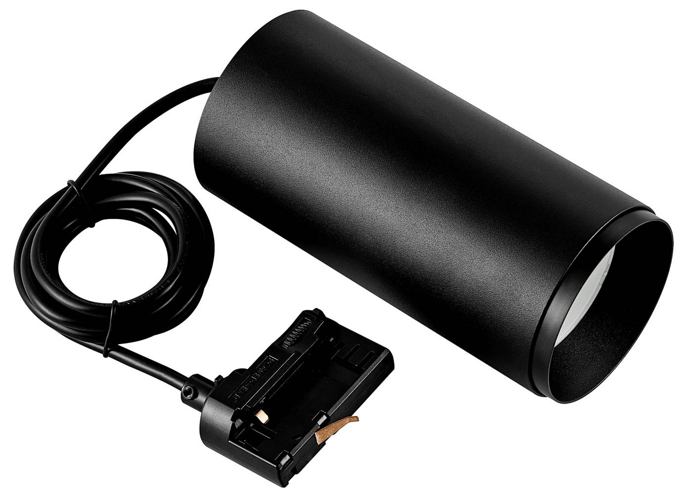 Boîtier de projecteur cylindrique noir avec câble d'alimentation et connecteur attenant, présenté sur fond blanc.