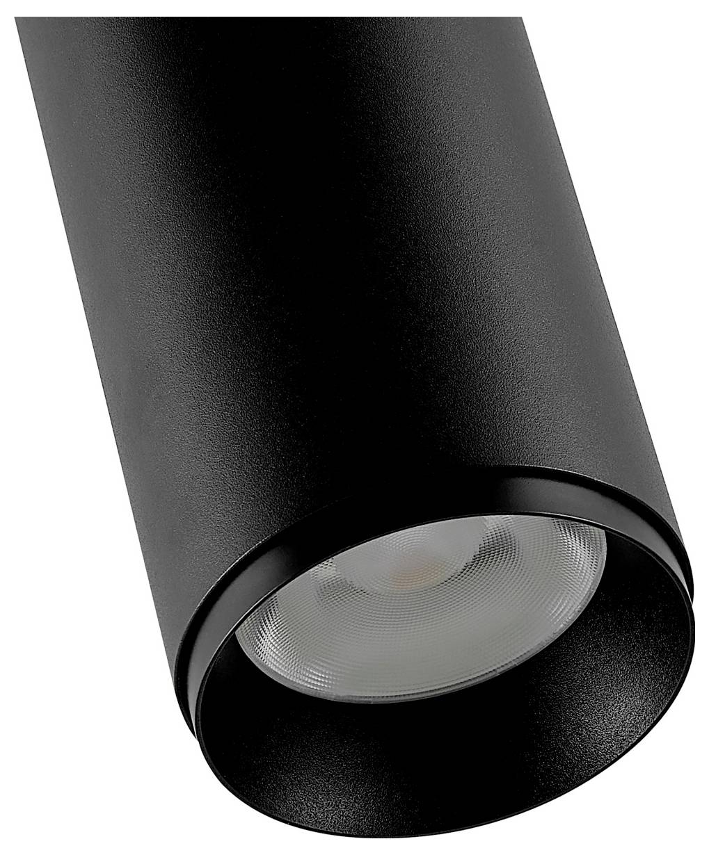 Spot sur rail cylindrique noir, orienté vers le bas, avec une ouverture de lampe ronde encastrée et un réflecteur argenté.