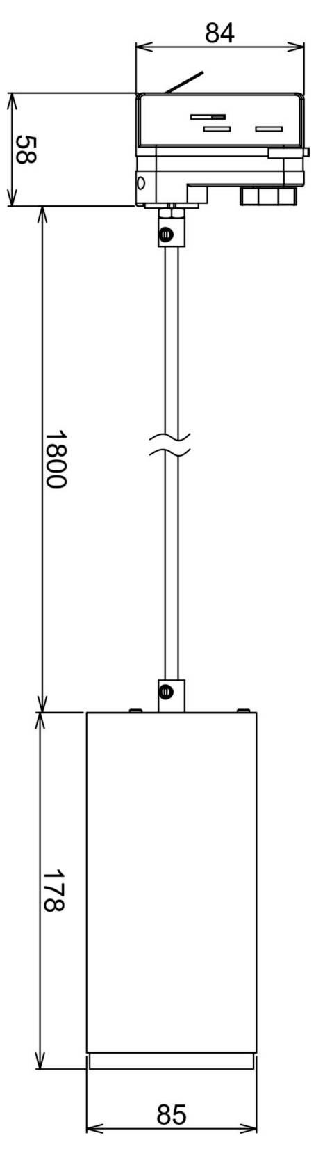 Dessin technique d'un luminaire suspendu au plafond : boîtier de commande au sommet d'une longue tige verticale reliée à un boîtier rectangulaire. Dimensions indiquées : 84, 58, 1800, 178 et 85.