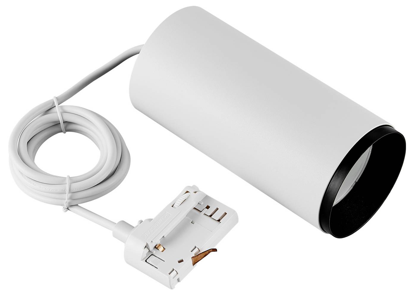 Spot cylindrique blanc pour plafond, avec câble d'alimentation et adaptateur de prise intégrés, sur fond blanc.