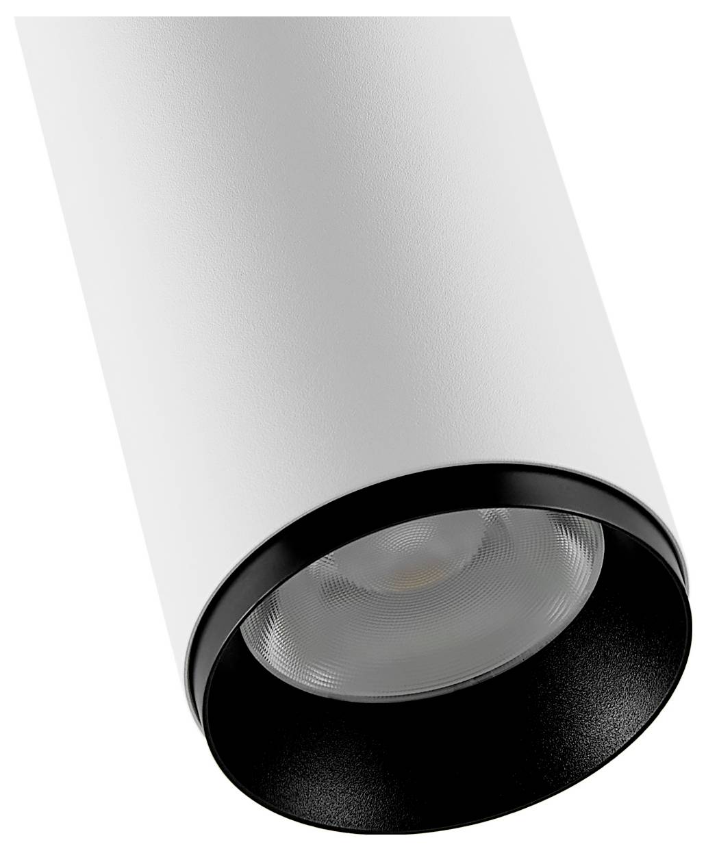 Spot de plafond cylindrique moderne avec extérieur blanc et finitions noires, présenté incliné sur fond uni.