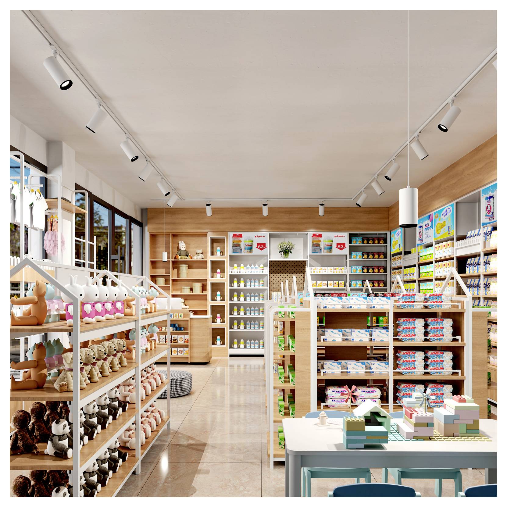 Intérieur lumineux d'une animalerie avec des rayons de jouets, de nourriture, de friandises et d'accessoires pour animaux, disposés dans une allée de magasin propre et moderne.