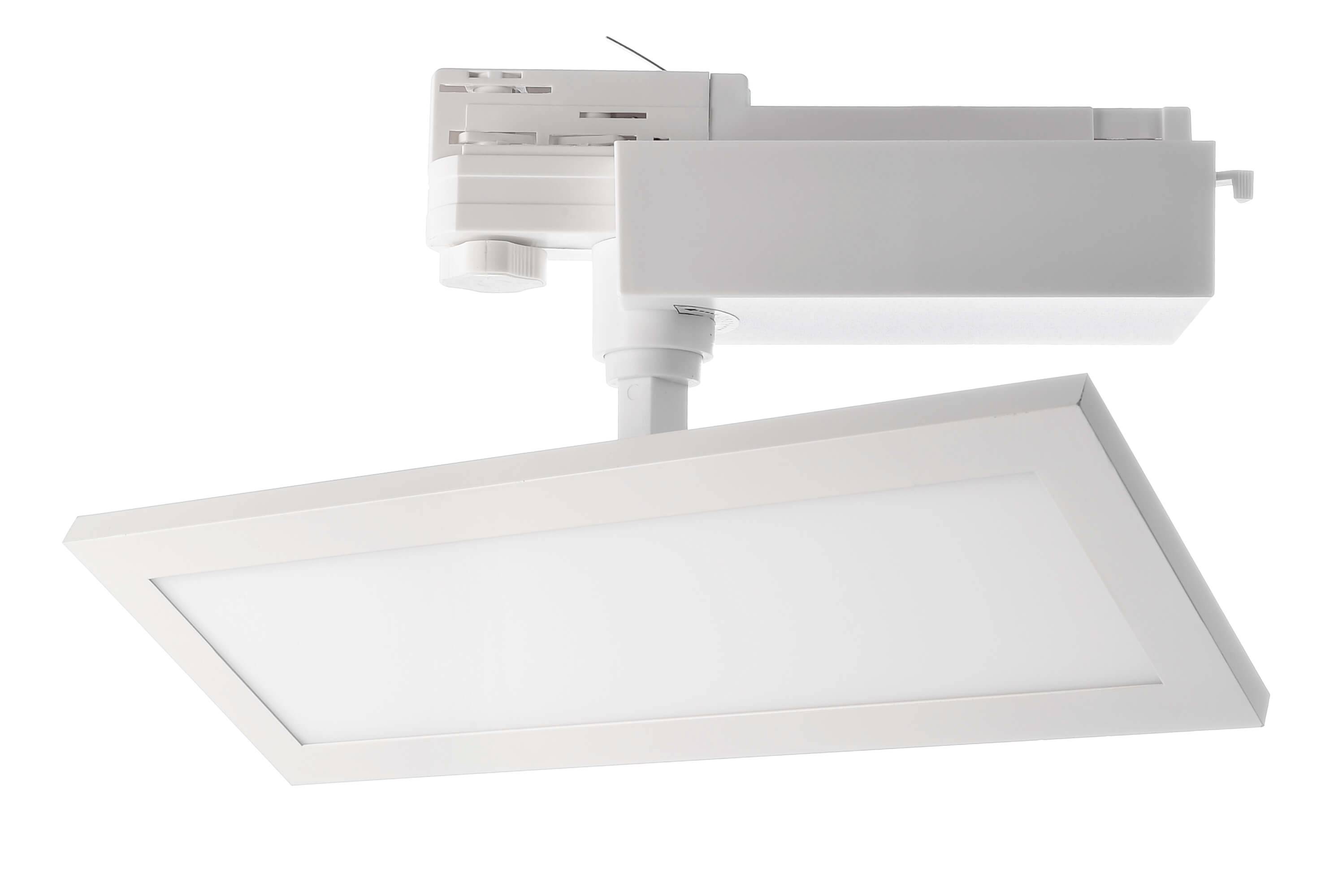 Un spot de plafond LED rectangulaire en blanc avec un support orientable, adapté à l'éclairage efficace d'une pièce.