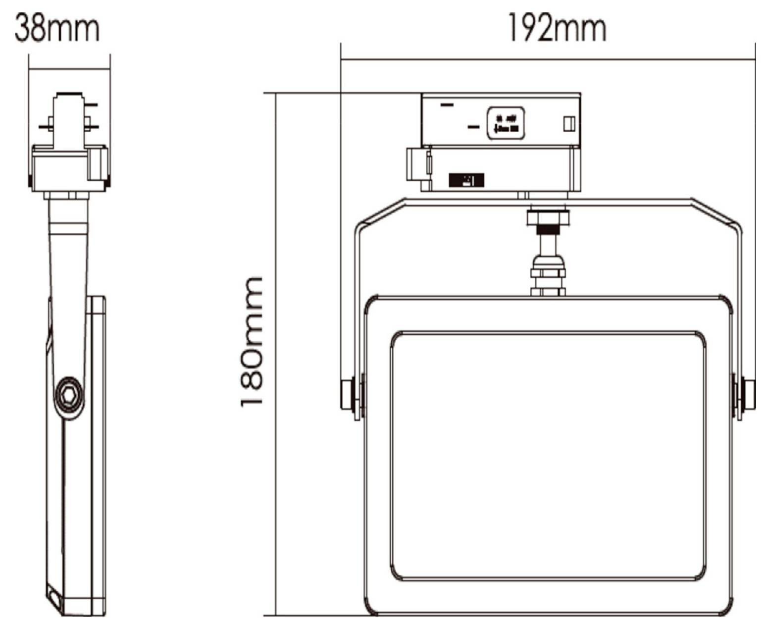 Dessin technique coté d'un appareil rectangulaire : 192 mm de large, 180 mm de haut et 38 mm de profondeur, représenté en vues de face et de côté.
