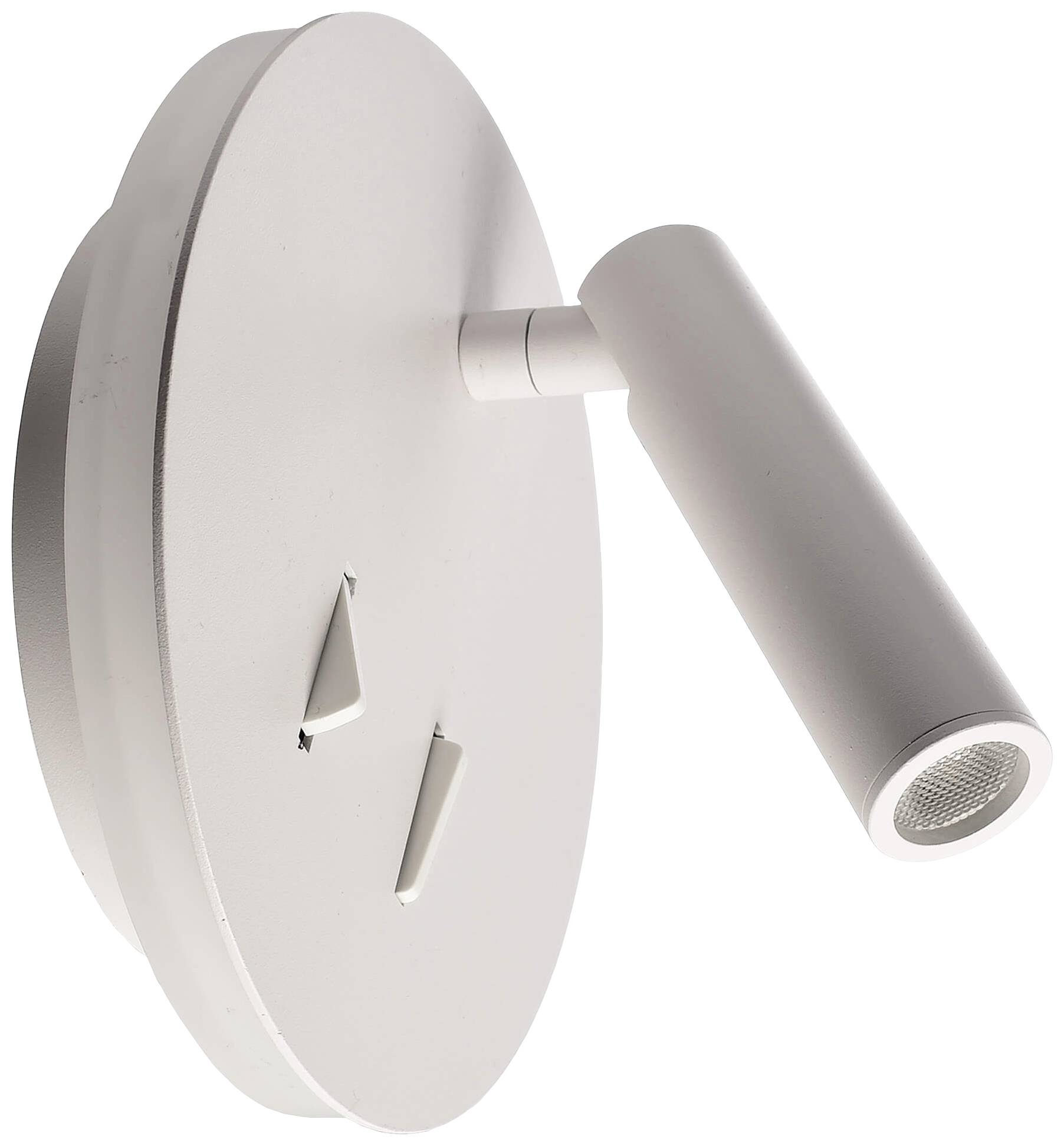 Applique murale blanche au design moderne, avec socle rond et bras cylindrique, illustrant un style minimaliste.