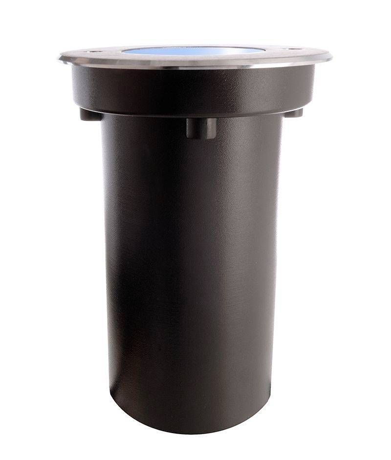 Manchette cylindrique noire en métal, probablement destinée à une utilisation extérieure, avec un couvercle bleu sur le dessus.