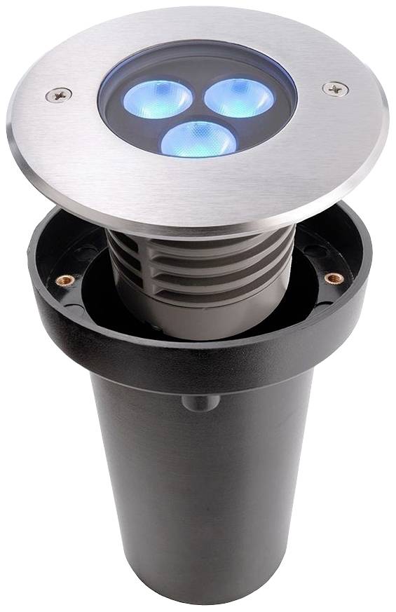 Projecteur de sol avec trois LED bleues dans un boîtier cylindrique en métal et plastique, adapté pour l'extérieur.