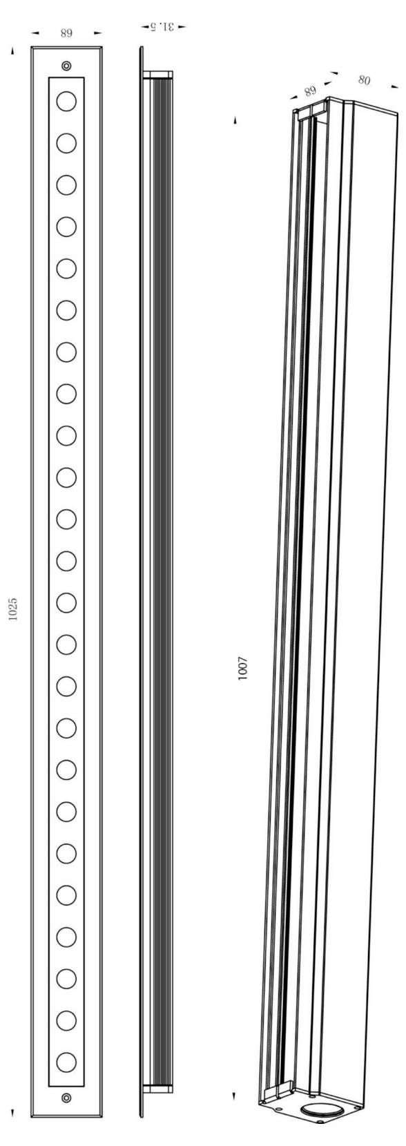 Dessin technique d'un luminaire rectangulaire haut, présenté en vues de face et de côté avec des ouvertures circulaires pour les lampes et des lignes de cote.