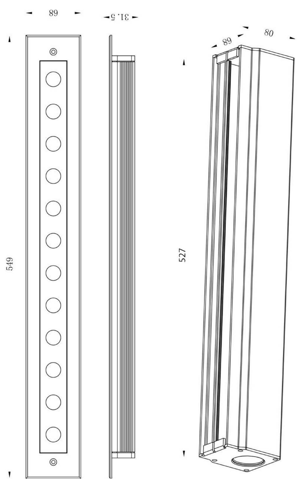 Dessin technique d'un panneau rectangulaire haut, avec une rangée d'ouvertures circulaires, représenté en vues de face et de côté avec les cotes 549, 527, 89 et 80.