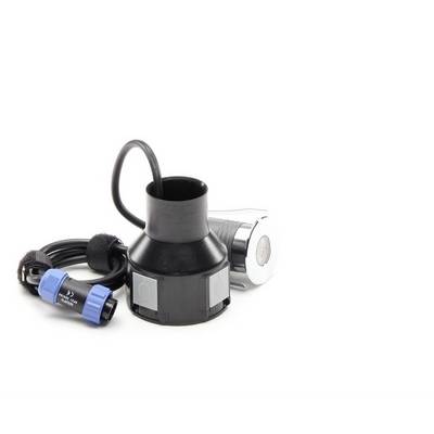 Un adaptateur noir cylindrique avec un câble et une connexion bleue. En arrière-plan, un appareil argenté avec un écran rond.