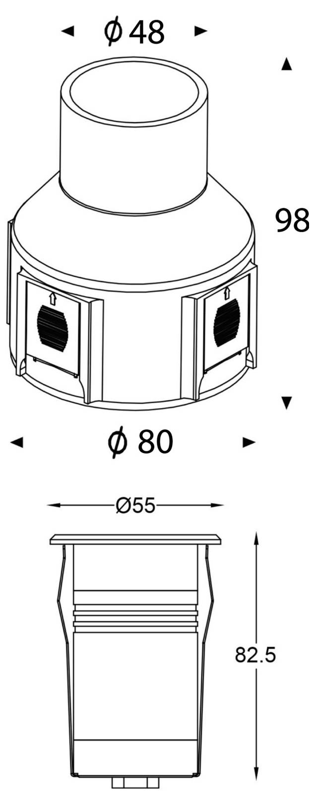 Dessin technique d'un composant cylindrique avec vues de dessus et de côté, indiquant les cotes Ø48, Ø80, Ø55, 98 et 82,5.