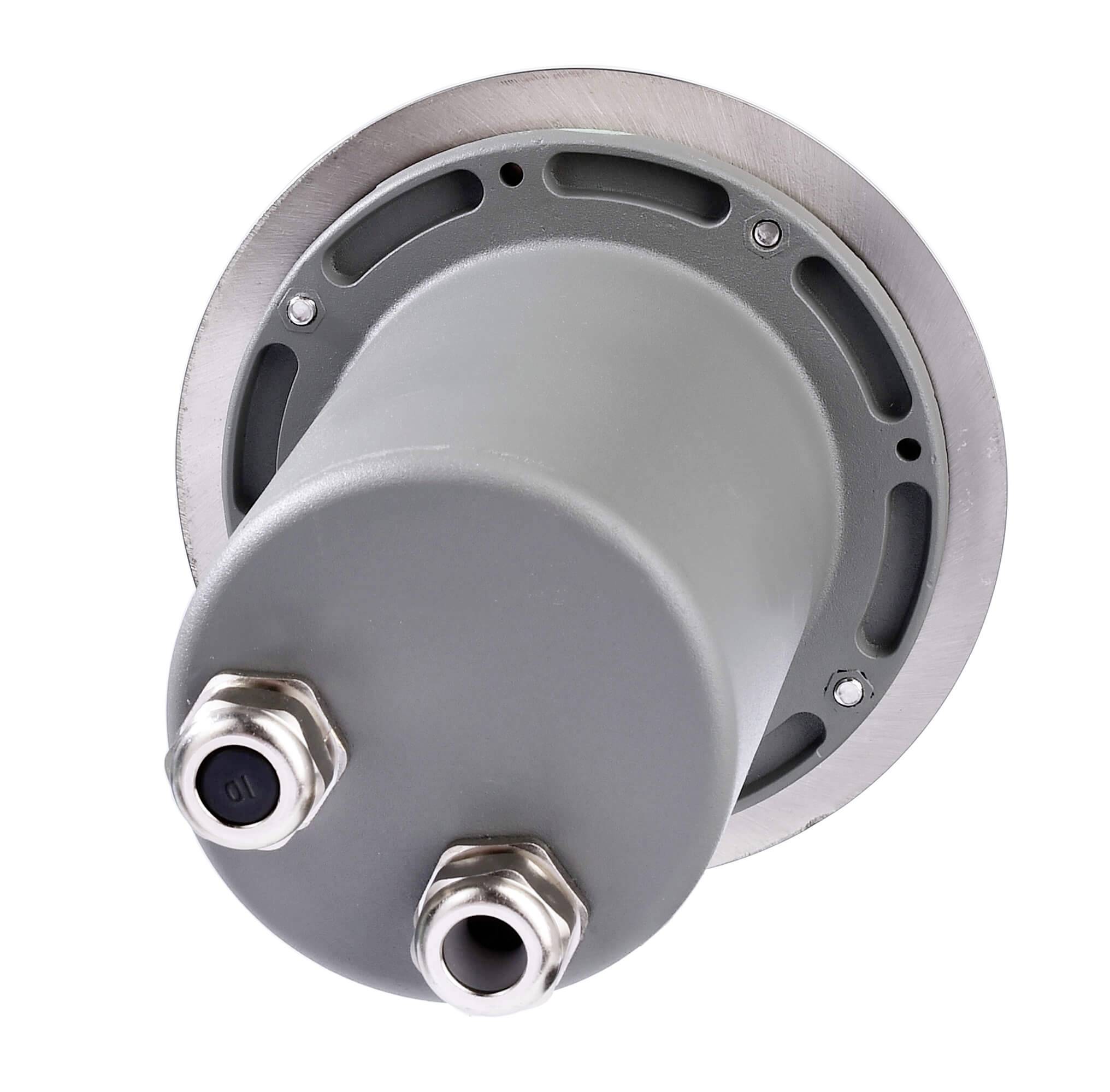 Dispositif technique cylindrique avec deux raccordements en haut. Boîtier métallique et base circulaire. Utilisé pour des applications industrielles.