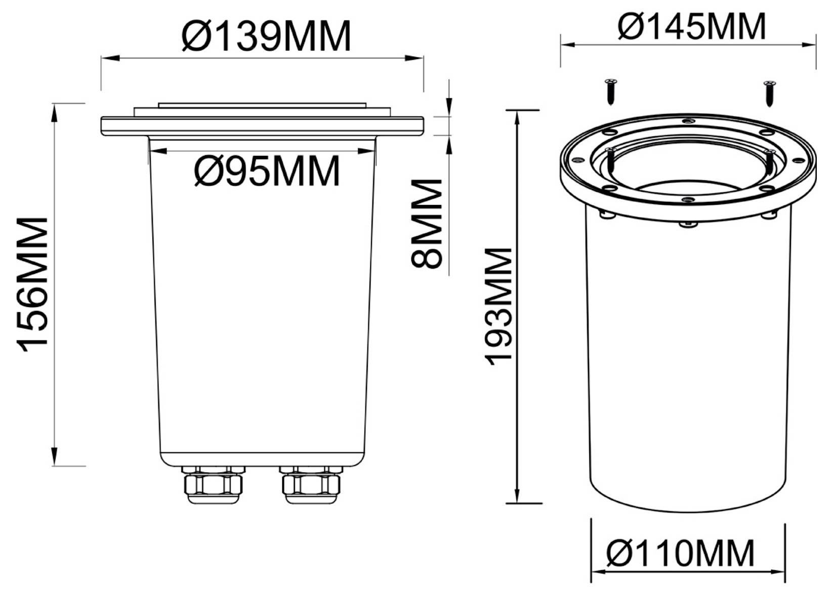 Dessin technique d'un boîtier de filtre cylindrique avec les dimensions suivantes : 193 mm de hauteur, 145 mm de diamètre supérieur, 110 mm de diamètre inférieur, 95 mm d'ouverture intérieure et 8 mm d'épaisseur de rebord.