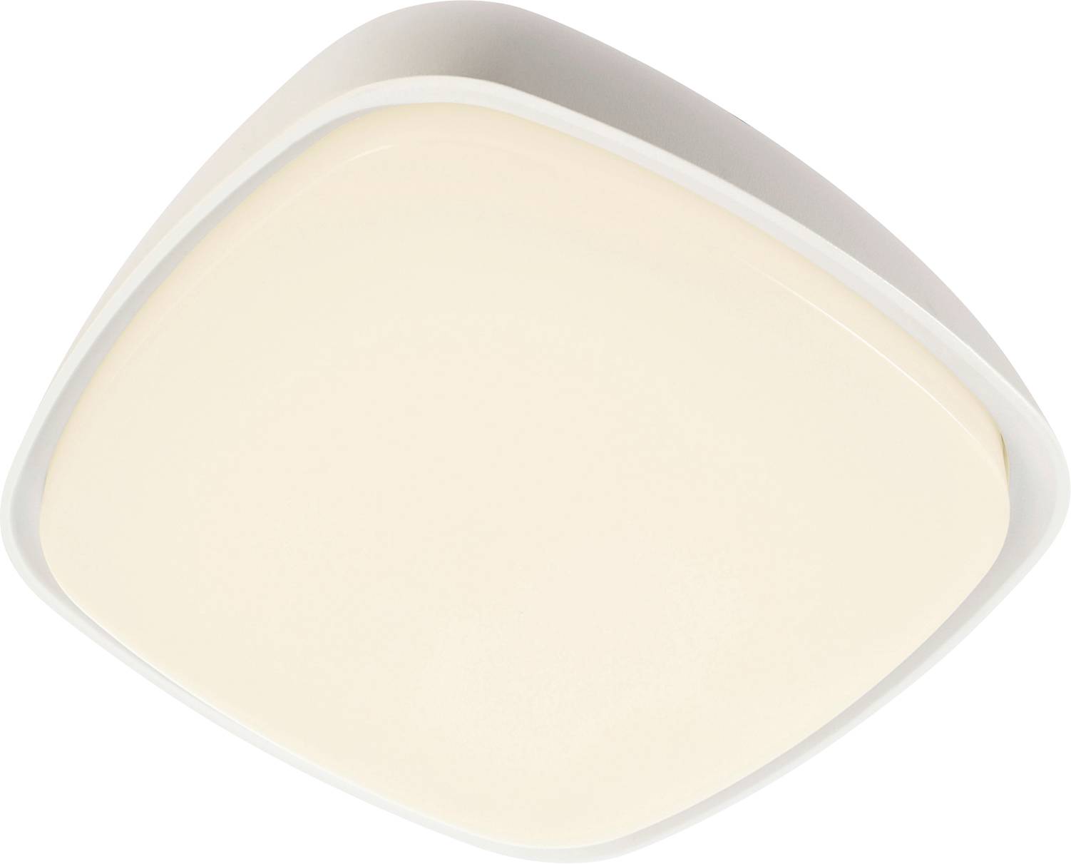 Plafonnier carré blanc aux coins légèrement arrondis. Il diffuse une lumière douce et chaleureuse.