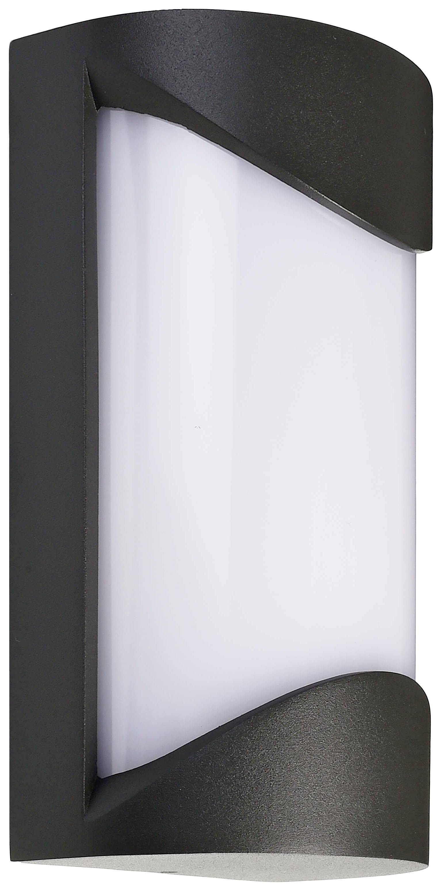 Applique murale noire avec un panneau lumineux blanc vertical, adaptée à l'extérieur. Design moderne, épuré aux lignes essentielles.