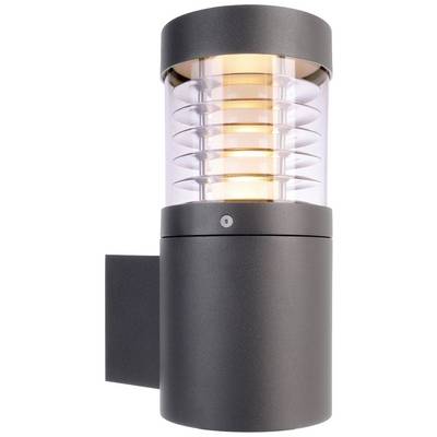 Lampe d'extérieur moderne en métal et verre, de forme cylindrique, avec une ampoule spiralée, à la fois fonctionnelle et élégante.
