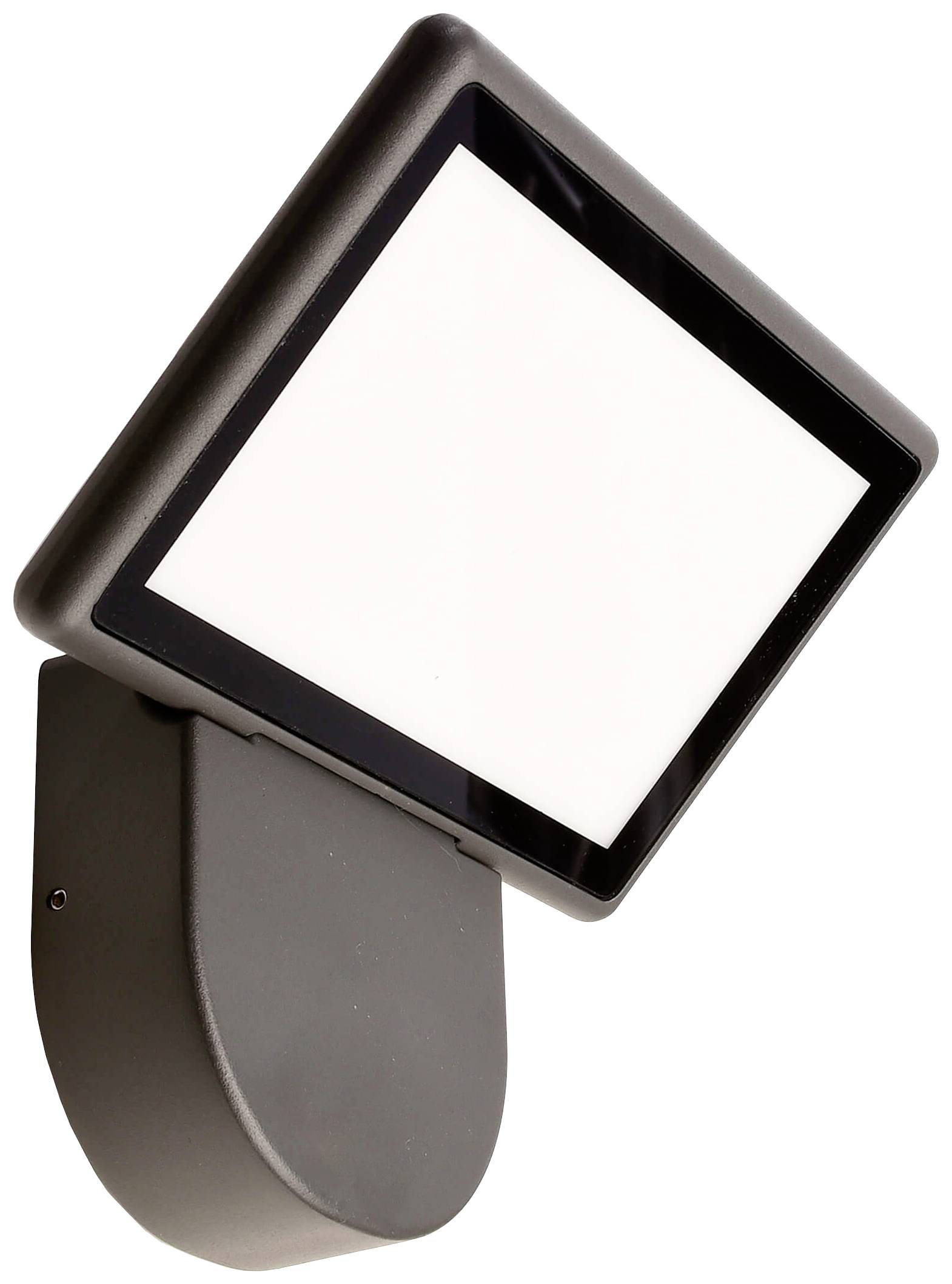 Luminaire LED carré extérieur avec boîtier noir et surface lumineuse blanche, fixé sur un support mural.