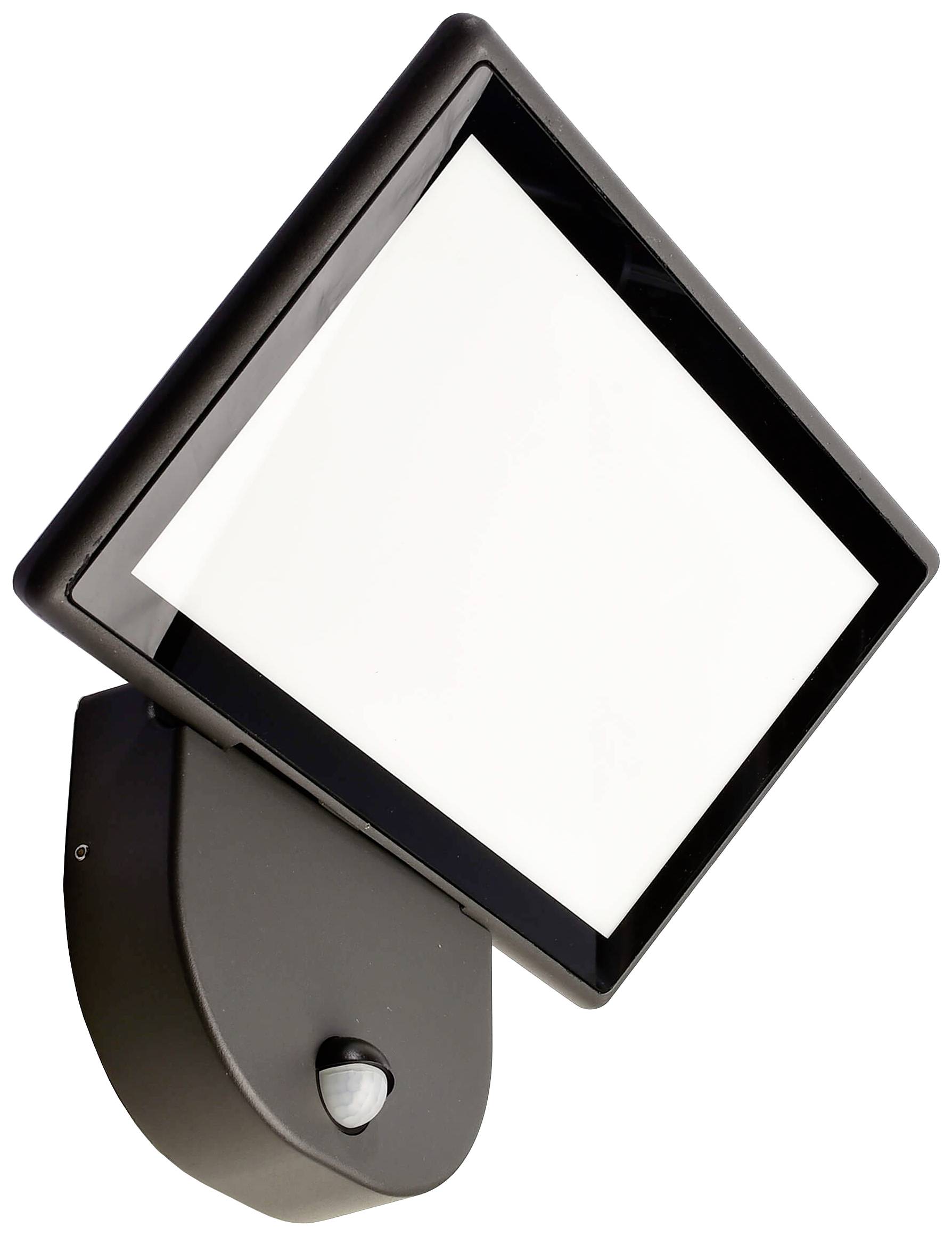 Projecteur extérieur avec détecteur de mouvement, boîtier noir, adapté pour montage mural.