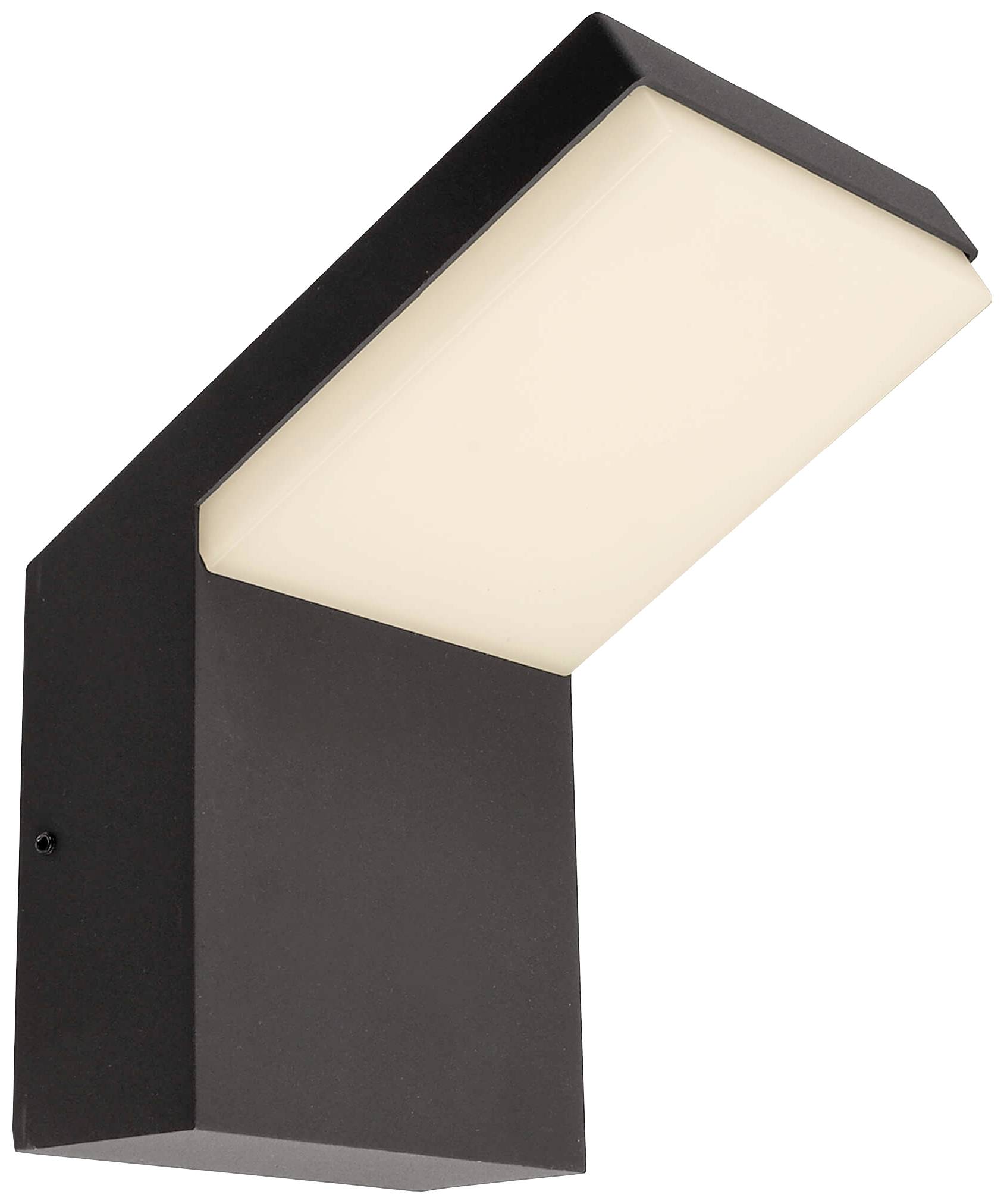 Une lampe murale moderne en noir avec un abat-jour rectangulaire et laiteux, projetant sa lumière vers le bas. Idéale pour une utilisation extérieure.