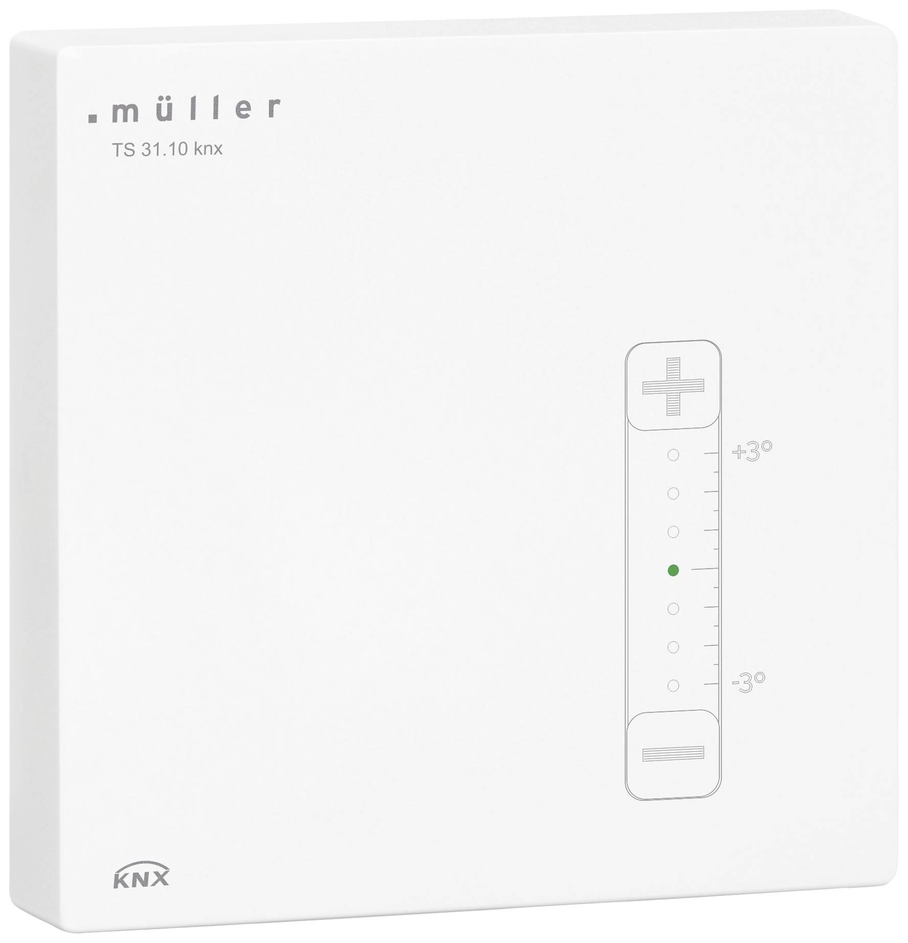 Thermostat avec boutons '+' et '-' pour le réglage de la température sur un appareil blanc portant l'inscription 'müller TS 31.10 knx'.