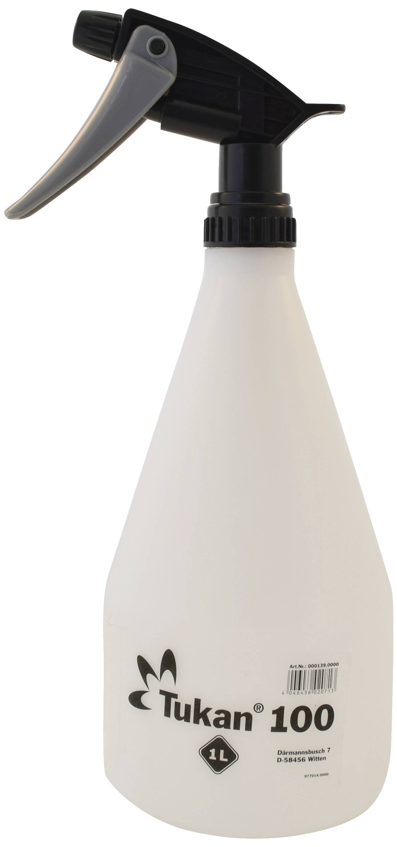 Une bouteille pulvérisatrice blanche de 1 litre avec un embout de pulvérisation noir. L'inscription 'Tukan 100' est imprimée dessus.