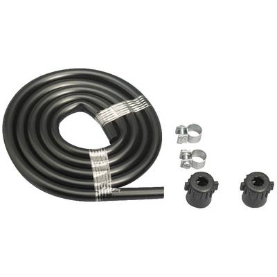 Un tuyau noir spiralé avec deux attaches argentées et deux embouts noirs. Accessoire pour applications sanitaires.