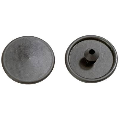 Disque en plastique noir avec et sans petit ergot central, probablement utilisé comme cache ou dispositif de fixation.