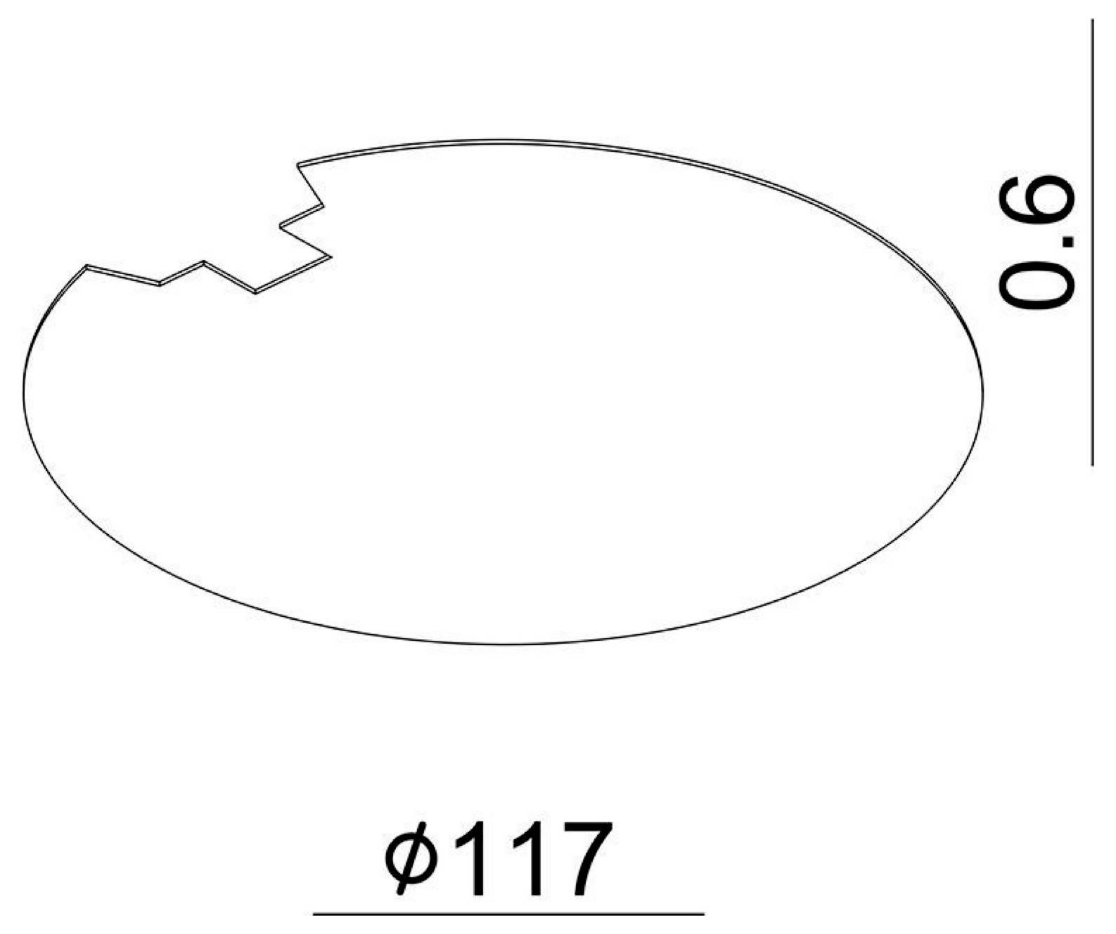 Pièce ovale en contour avec un bord supérieur cranté, de Ø117 de large et 0,6 de haut.