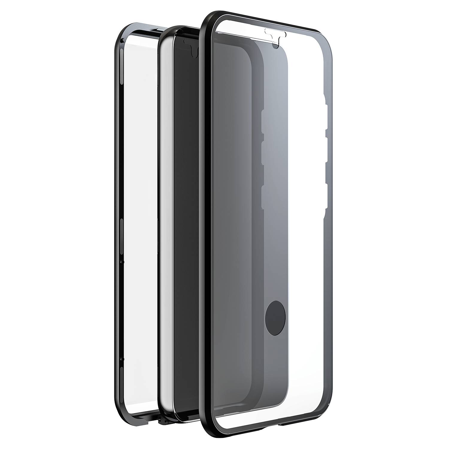 Téléphone portable avec boîtier transparent, montrant l'avant et l'arrière. Le design met en valeur la structure et les dimensions de l'appareil.