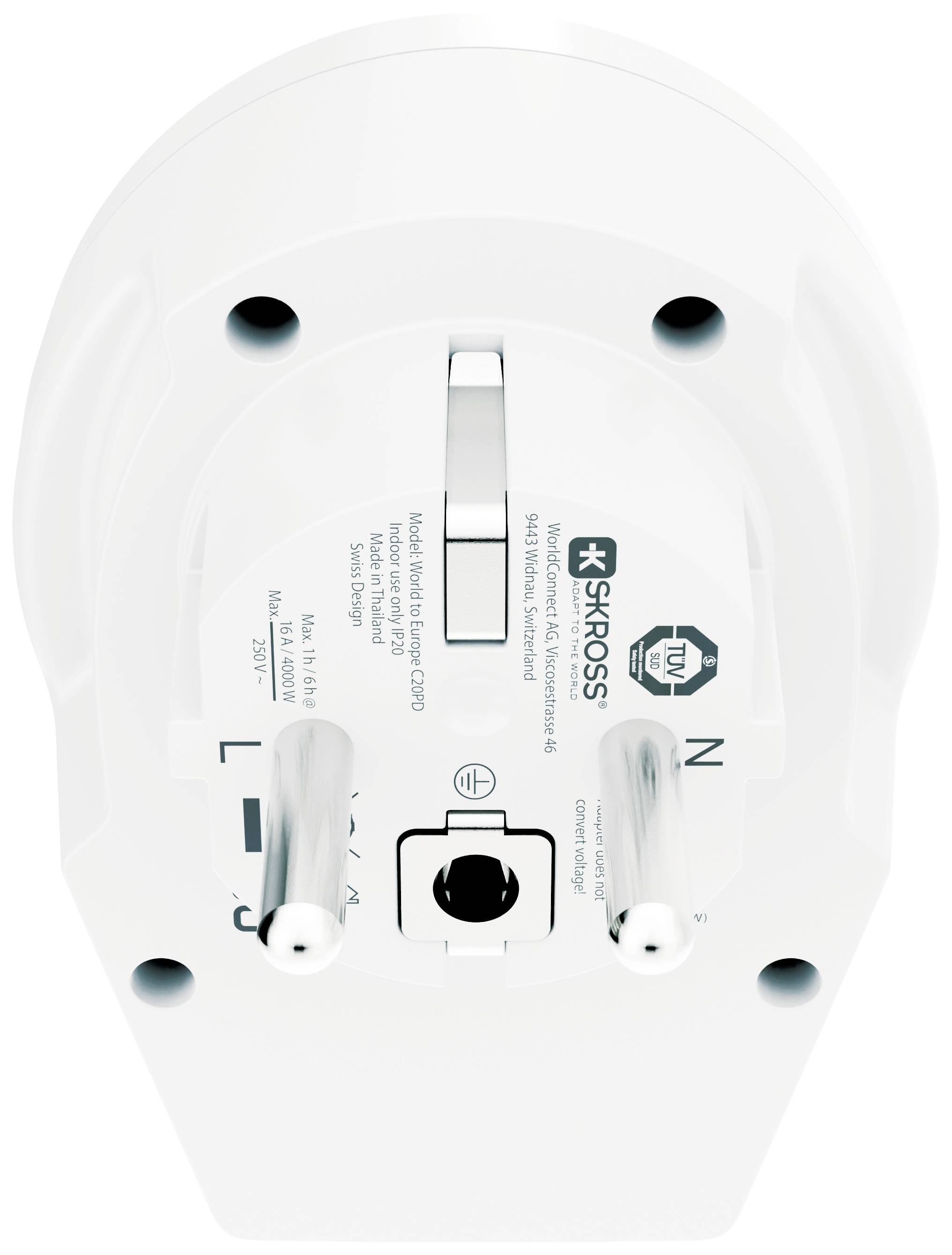 Un adaptateur de voyage blanc de SKROSS avec deux broches rondes, adapté pour une utilisation dans des prises électriques de différents pays.