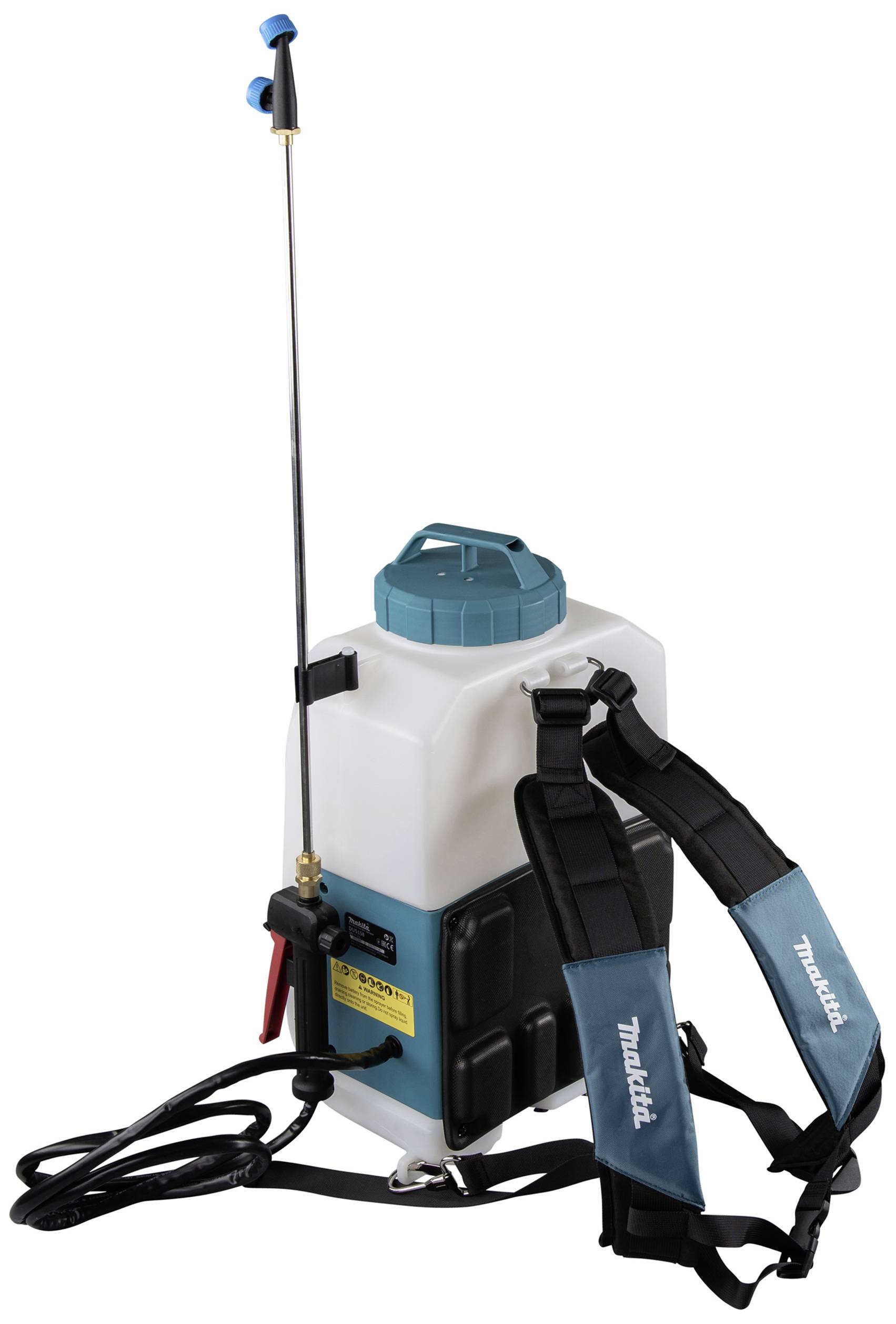 Pulvérisateur à dos portable avec couvercle de réservoir bleu et sangles réglables, adapté à l'entretien des jardins.