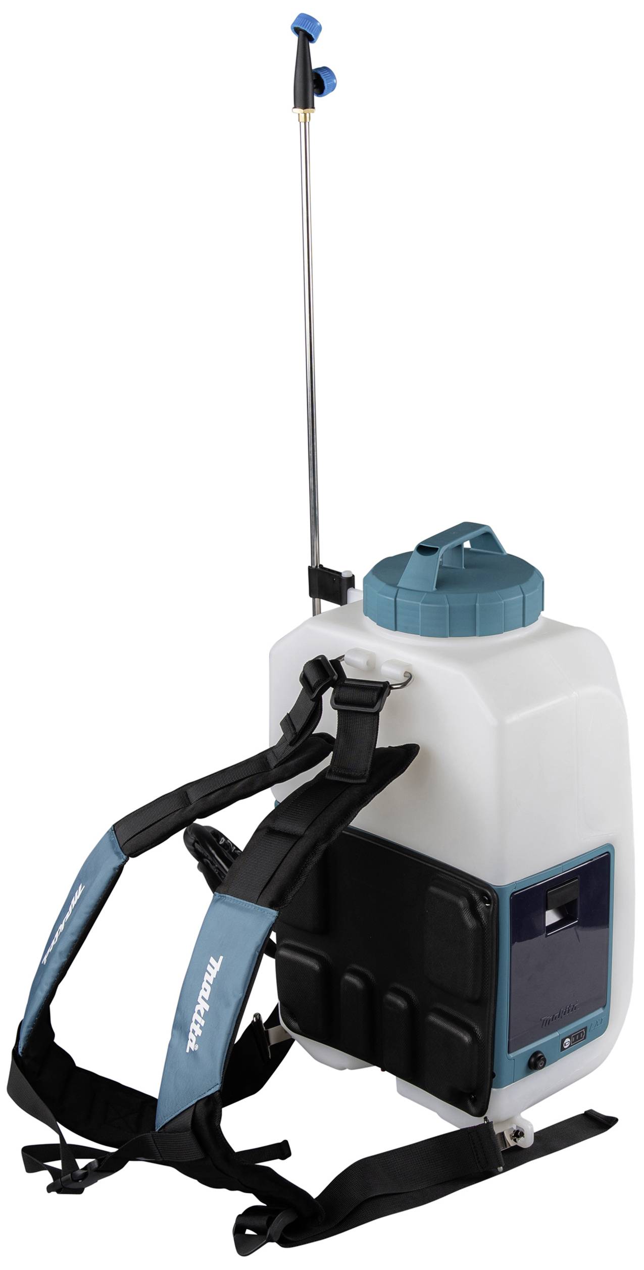 Pulvérisateur à dos à batterie avec réservoir blanc, couvercle bleu et sangle de transport, adapté aux applications de jardinage et pulvérisation efficace.