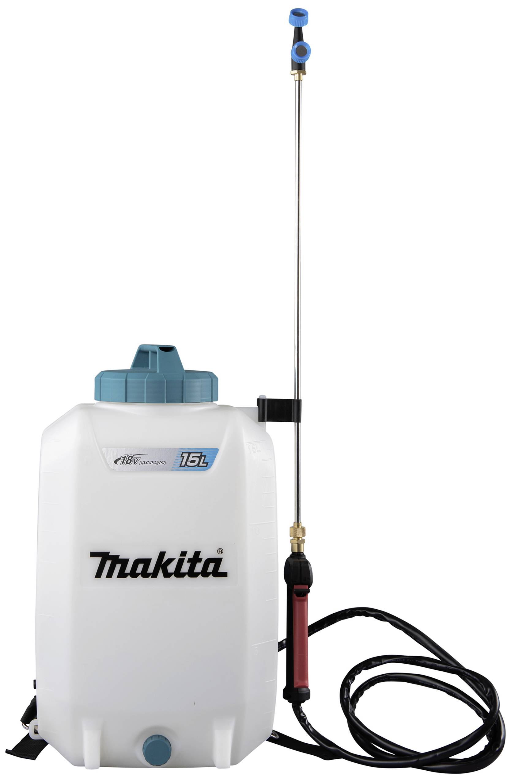 Un pulvérisateur dorsal Makita blanc de 15 litres avec un couvercle bleu, une longue lance de pulvérisation et un tuyau noir, adapté aux travaux de jardinage.