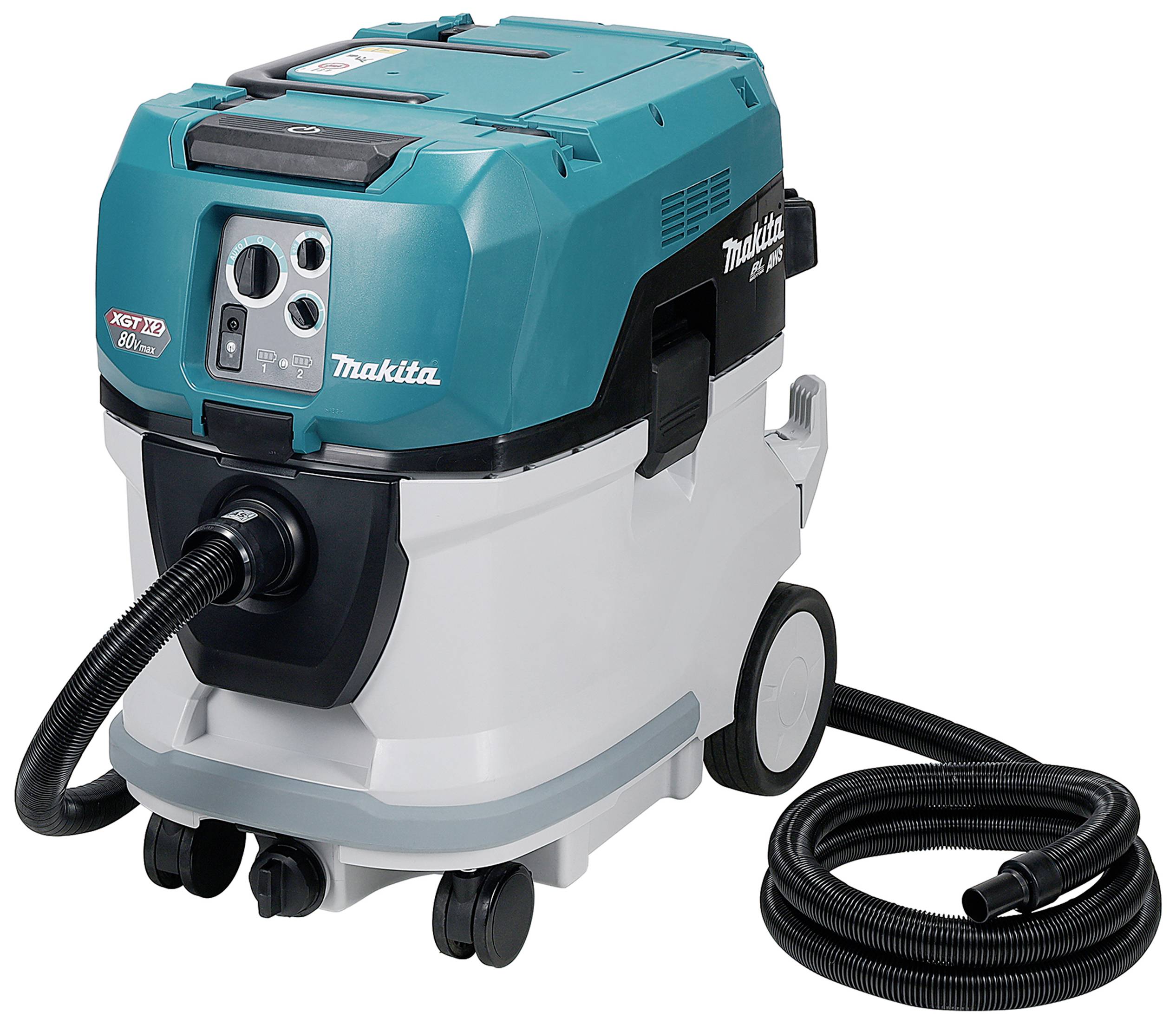 Un aspirateur industriel bleu et blanc sur roues, équipé d'un tuyau d'aspiration noir, adapté pour une utilisation dans les ateliers.