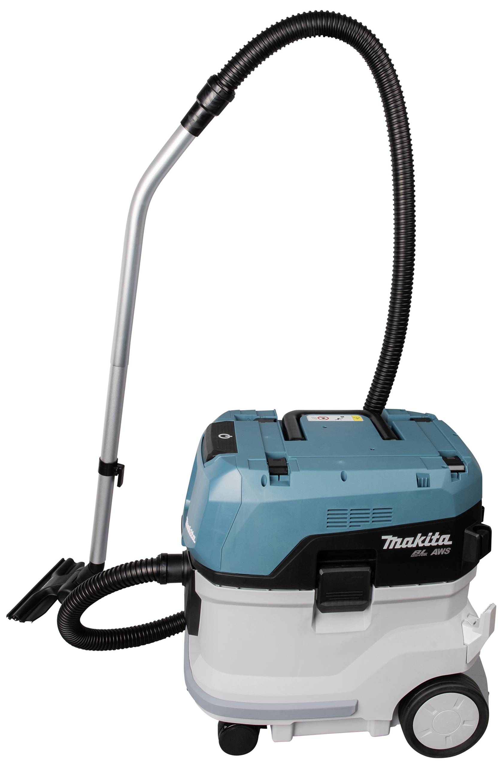 Aspirateur avec boîtier bleu et blanc et tuyau flexible, monté sur roulettes.