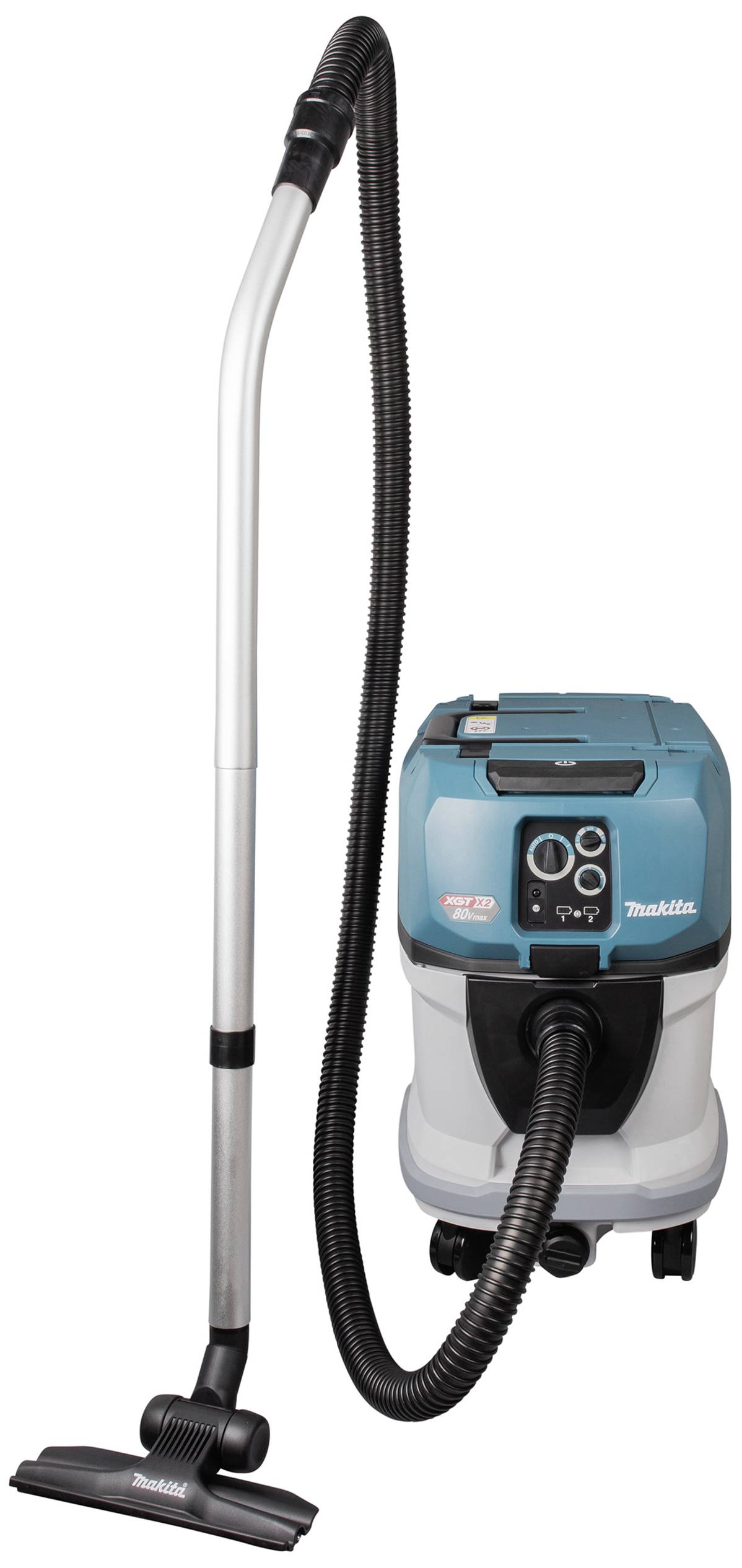 Un aspirateur industriel bleu-gris avec un tuyau d'aspiration flexible et un tube métallique. Adapté aux tâches de nettoyage intensives.