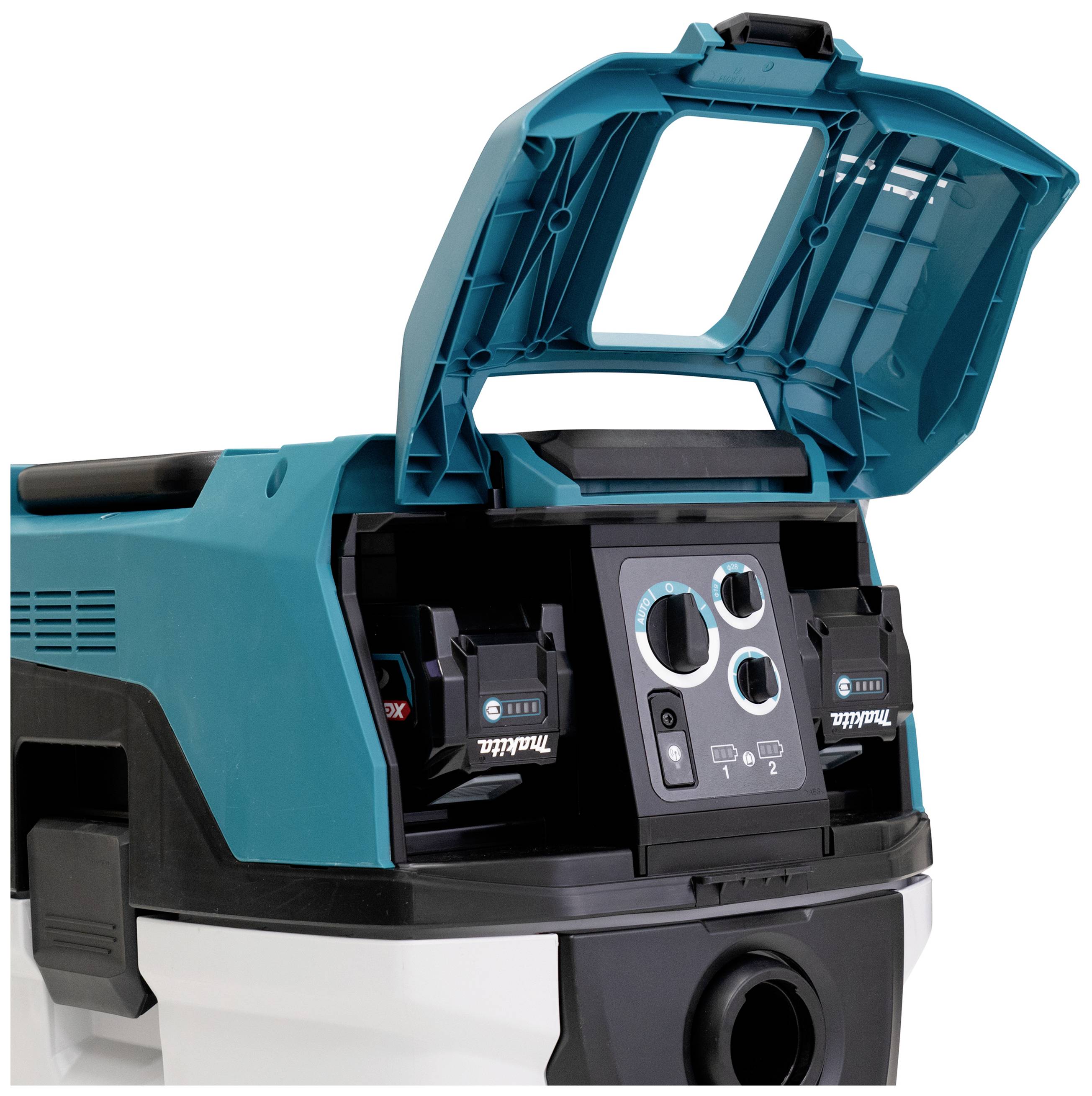 Aspirateur industriel avec couvercle ouvert, montrant le panneau de commande et deux compartiments de batterie. Couleur principale : Turquoise avec des détails noirs.