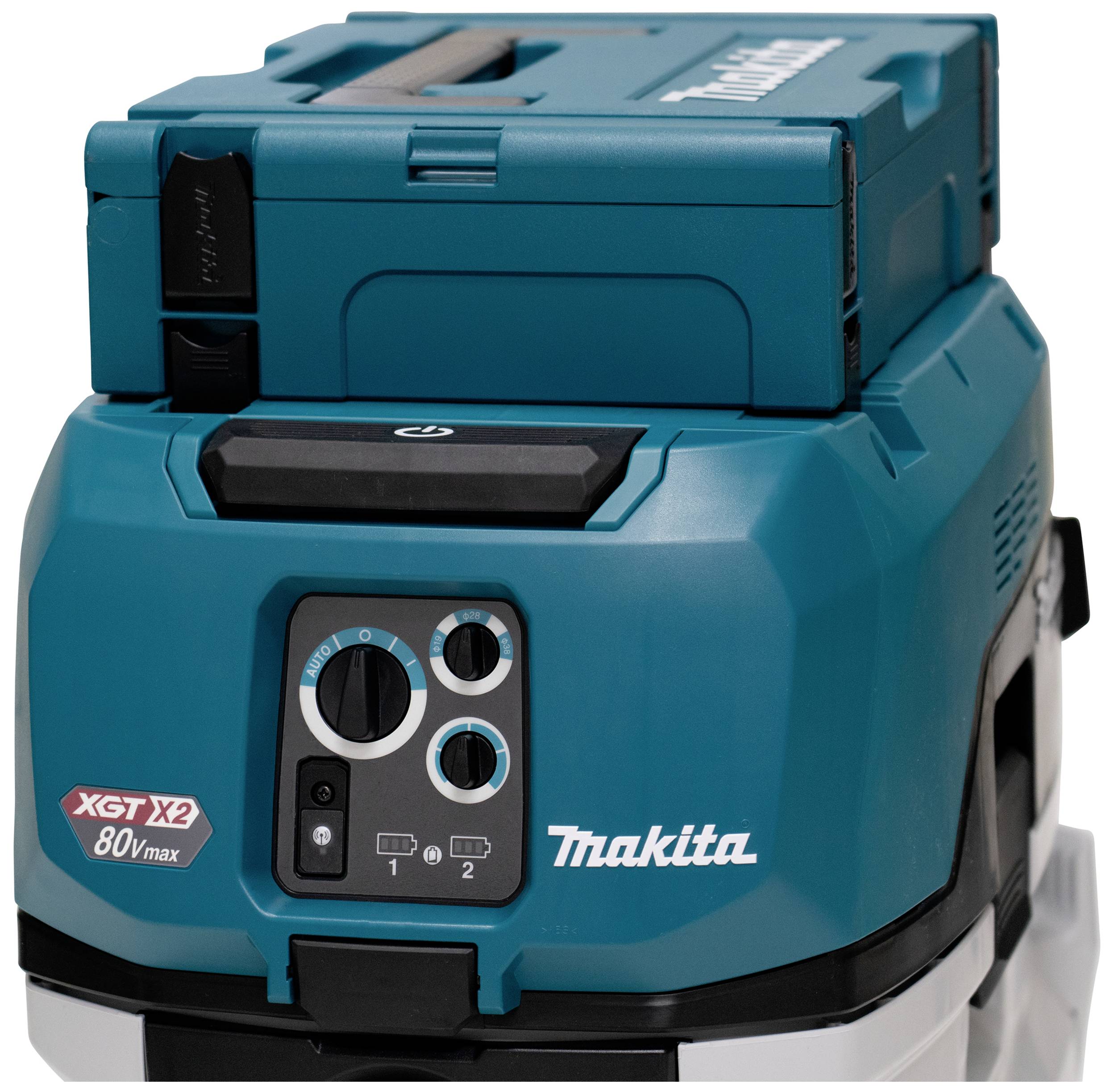 Un aspirateur portable Makita de couleur turquoise, doté de boutons de commande et d'une poignée de transport. Numéro de modèle : XGT X2 80Vmax.
