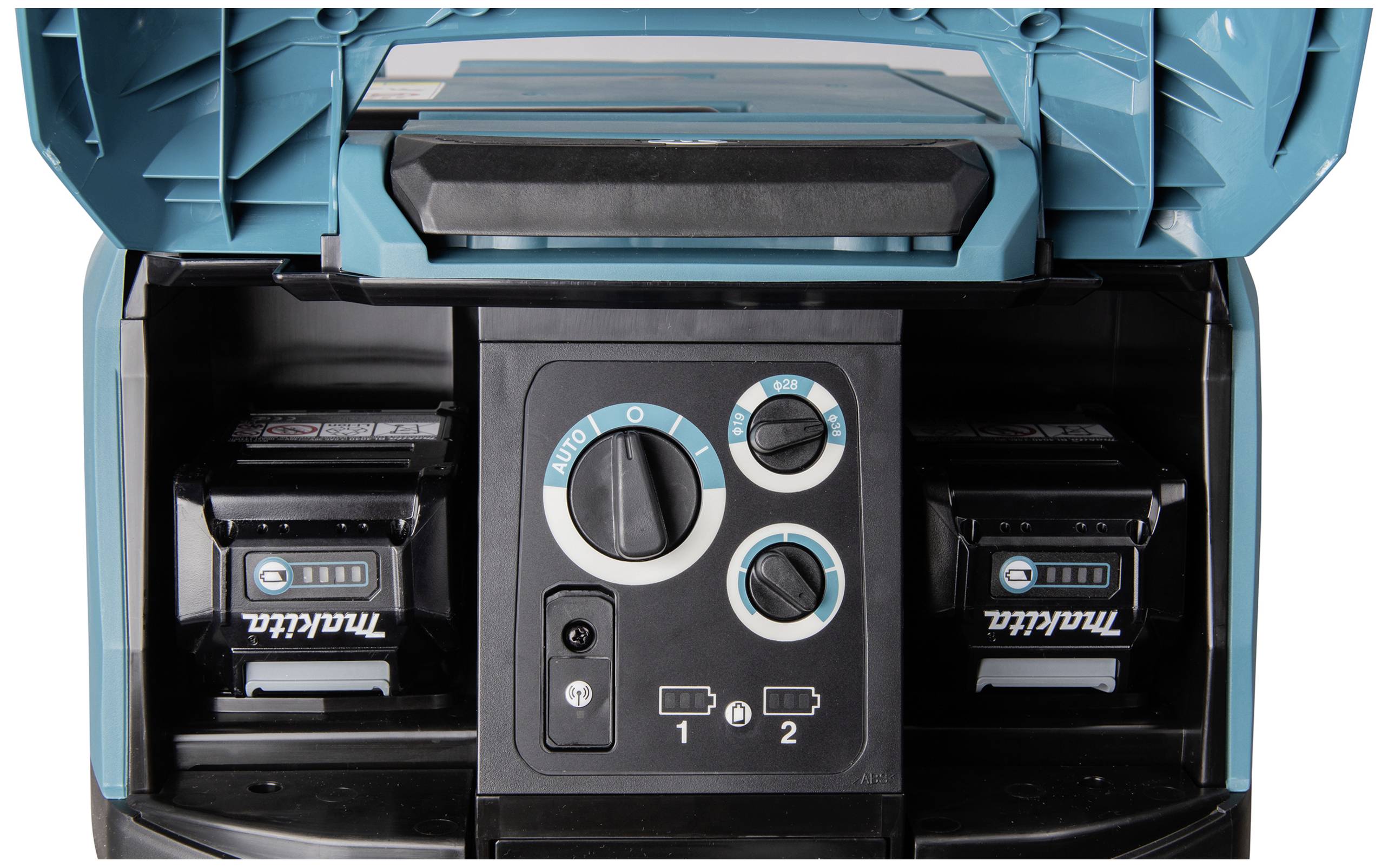 Un appareil électrique muni de deux batteries, de plusieurs boutons rotatifs et interrupteurs, logé dans un boîtier de couleur turquoise.