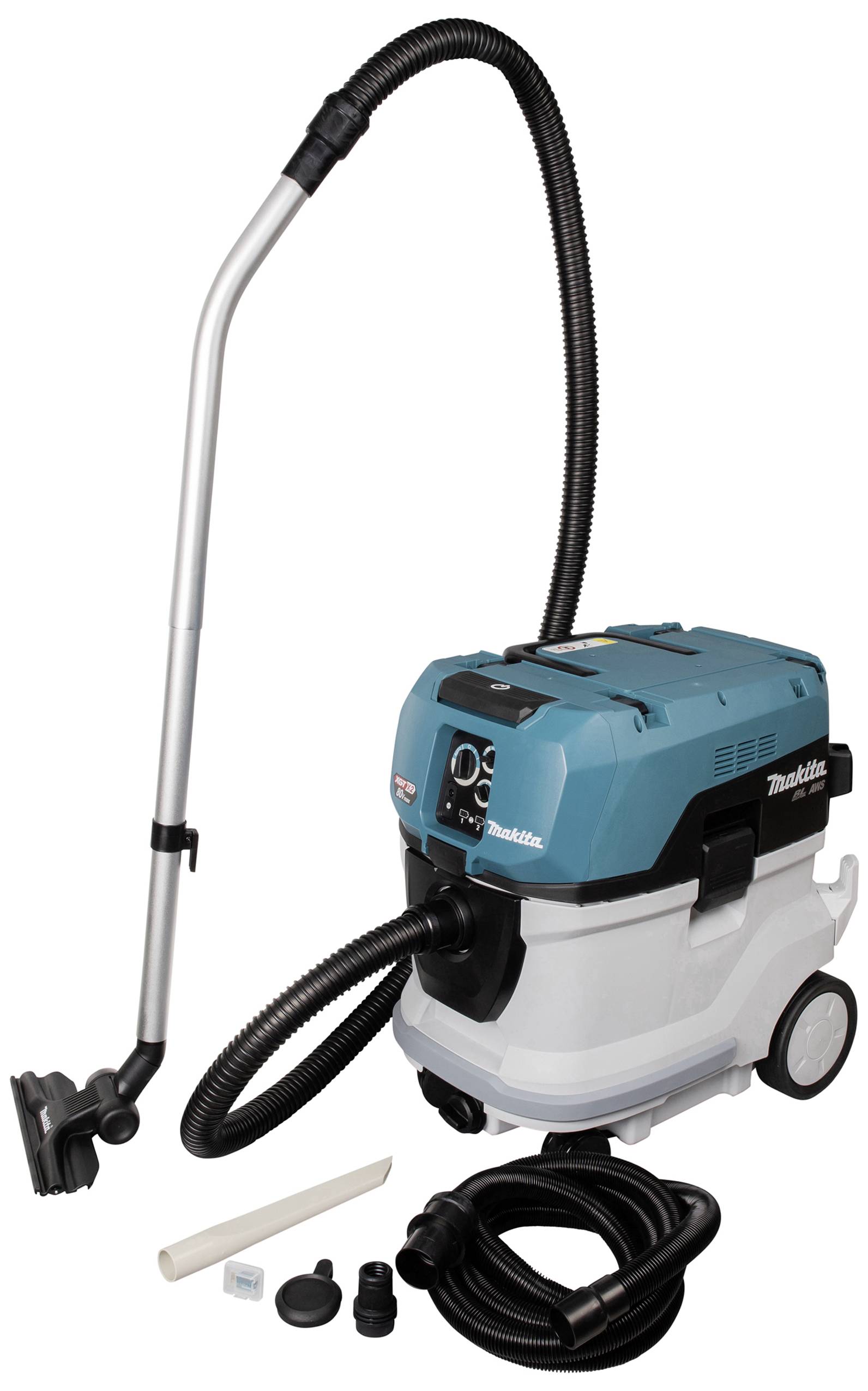 Aspirateur industriel avec un boîtier supérieur bleu et un tube métallique. Des accessoires comme des tuyaux et des buses sont représentés à côté.
