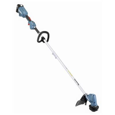 Un coupe-bordures bleu sans fil avec une poignée noire et un bouclier de protection. Adapté pour tailler l'herbe dans les jardins ou les cours.
