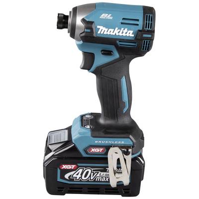 Tournevis de la marque Makita en bleu et noir, avec batterie 40V et moteur sans balais, posé verticalement sur une surface blanche.
