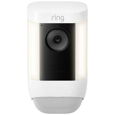 Une caméra de sécurité intelligente de la marque 'Ring', équipée d'un haut-parleur intégré, d'un microphone et de lampes LED, sur un fond blanc.