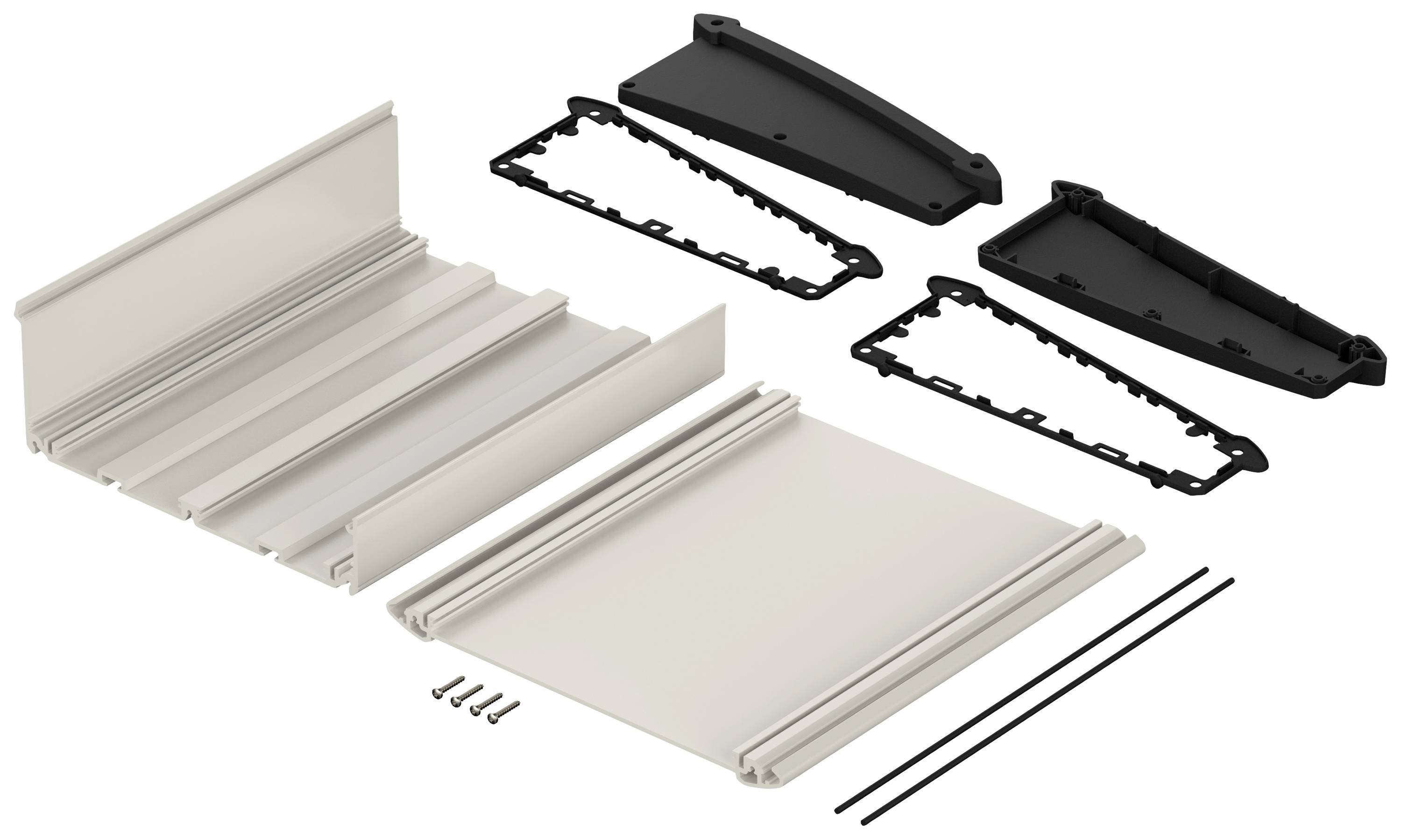 Pièces d'un kit : Deux capots en plastique noir, une plaque rectangulaire plus grande, des baguettes latérales, des vis et des joints d'étanchéité.