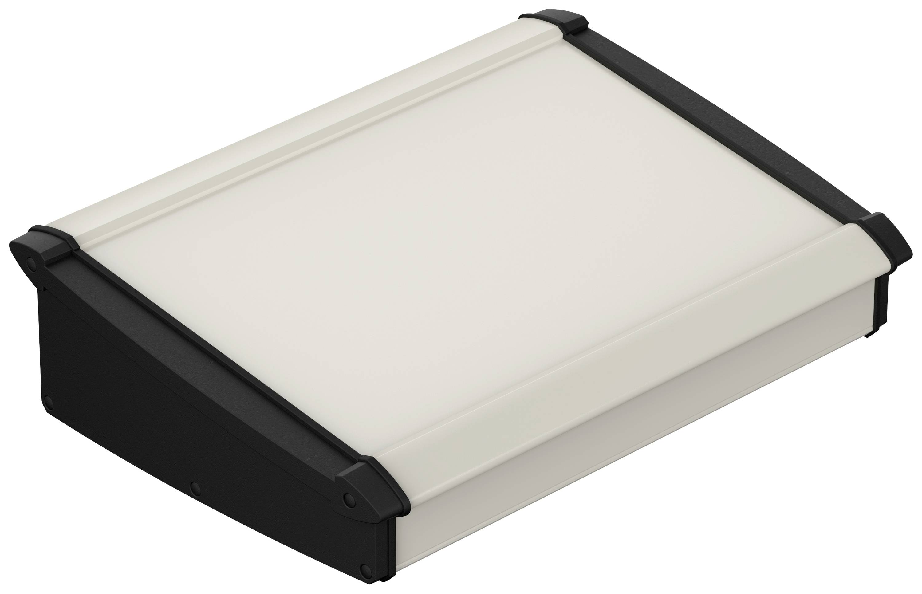 Un objet rectangulaire, de forme cubique, avec un bord noir et une surface supérieure claire. Probablement un appareil électronique ou un boîtier.