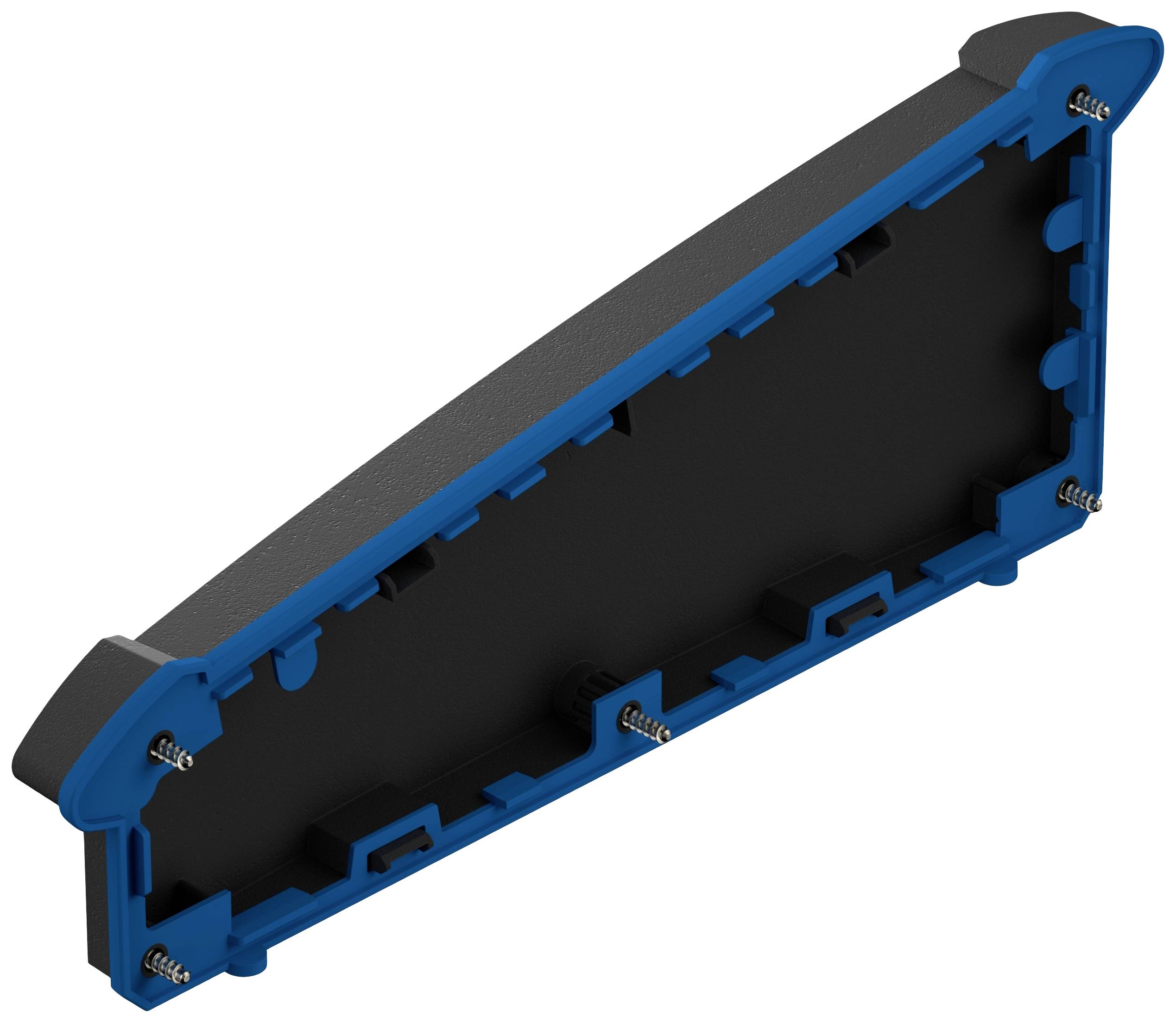 Boîtier en plastique bleu-noir triangulaire, probablement destiné à des composants électroniques. Design avec clips et éléments de fixation.