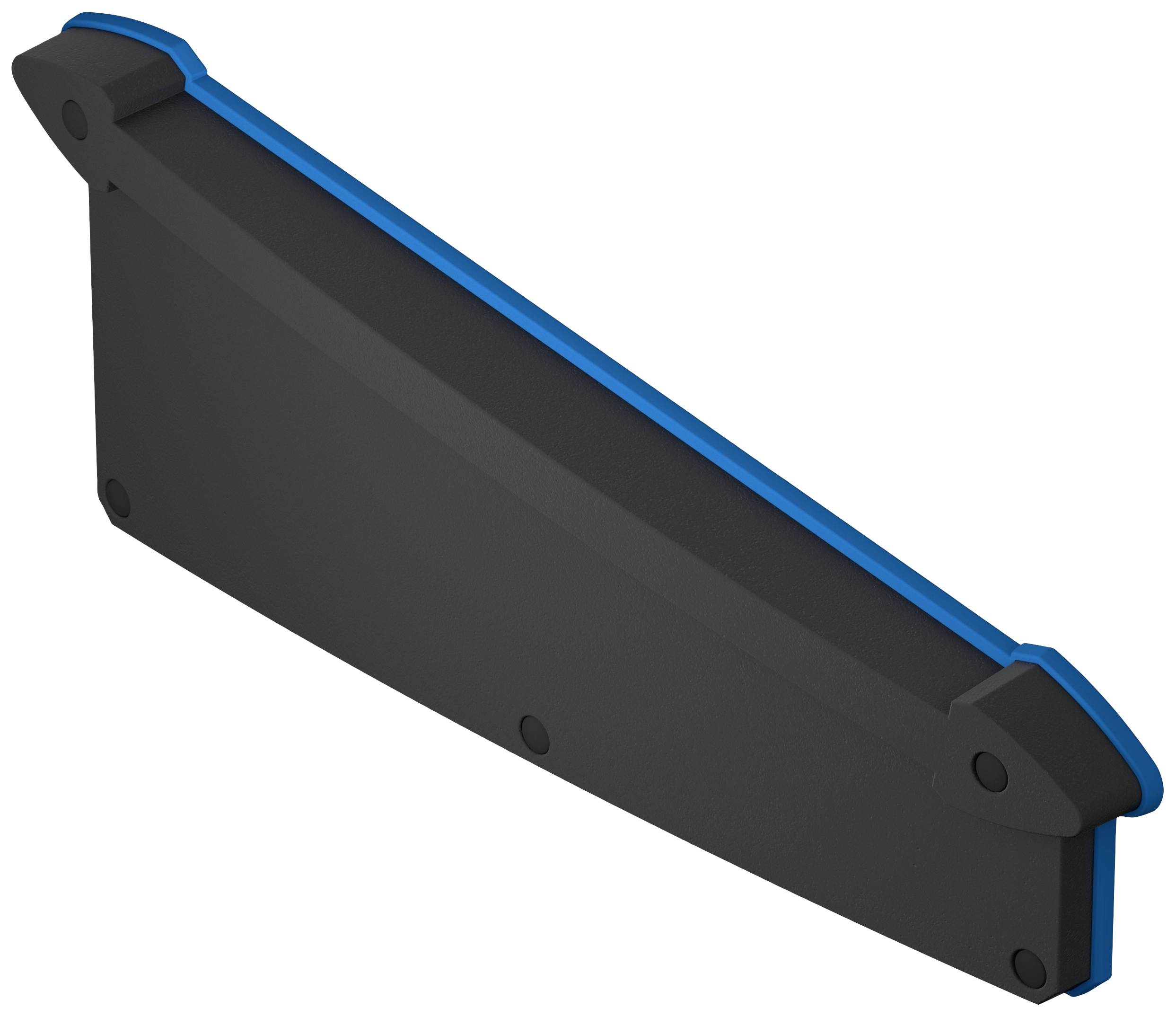 Couvercle en plastique noir de forme trapézoïdale avec des touches bleues sur les bords longitudinaux, probablement une protection pour des équipements techniques.