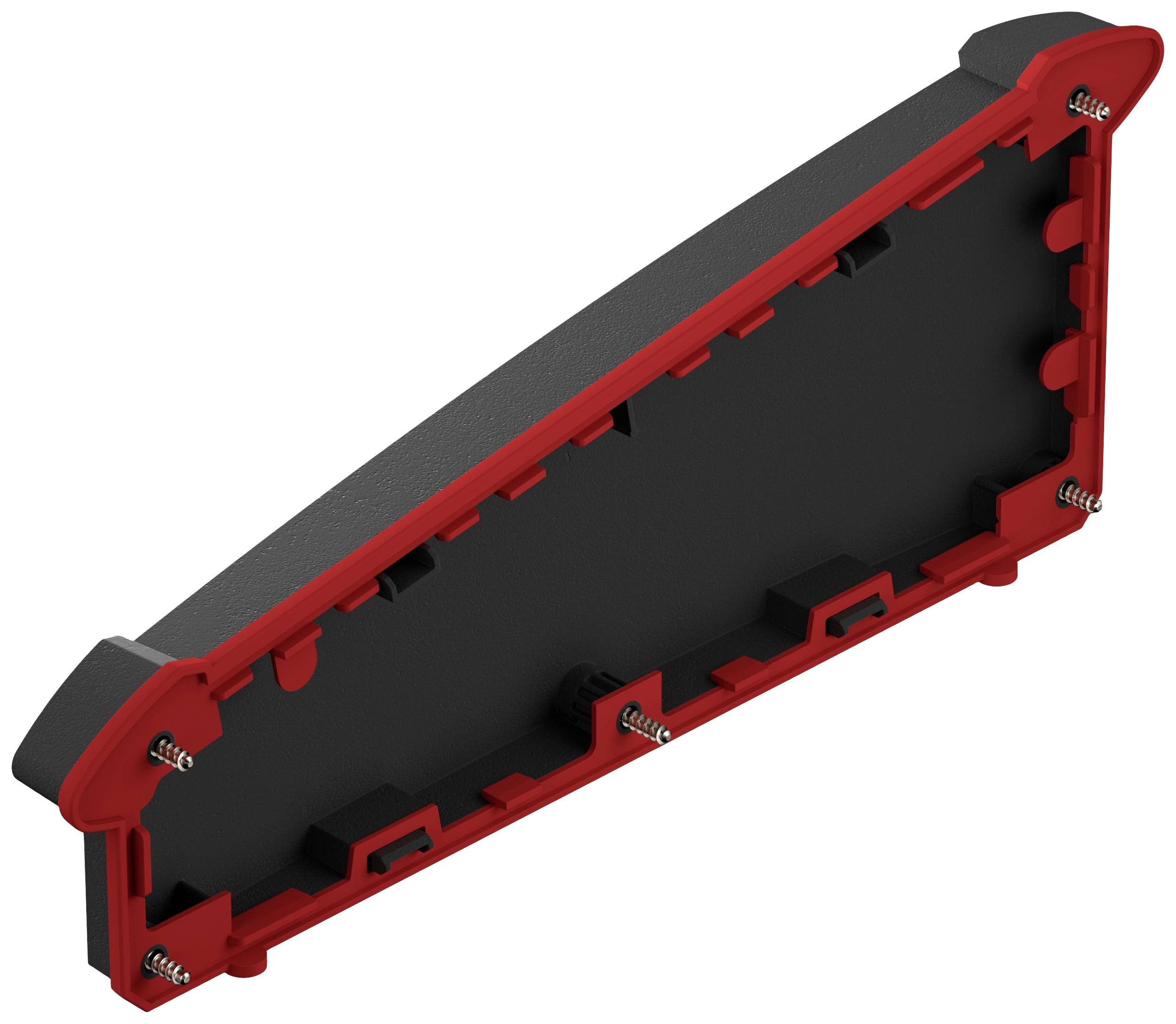 Couvercle triangulaire noir et rouge en plastique avec points de fixation, probablement un composant d'un dispositif technique.