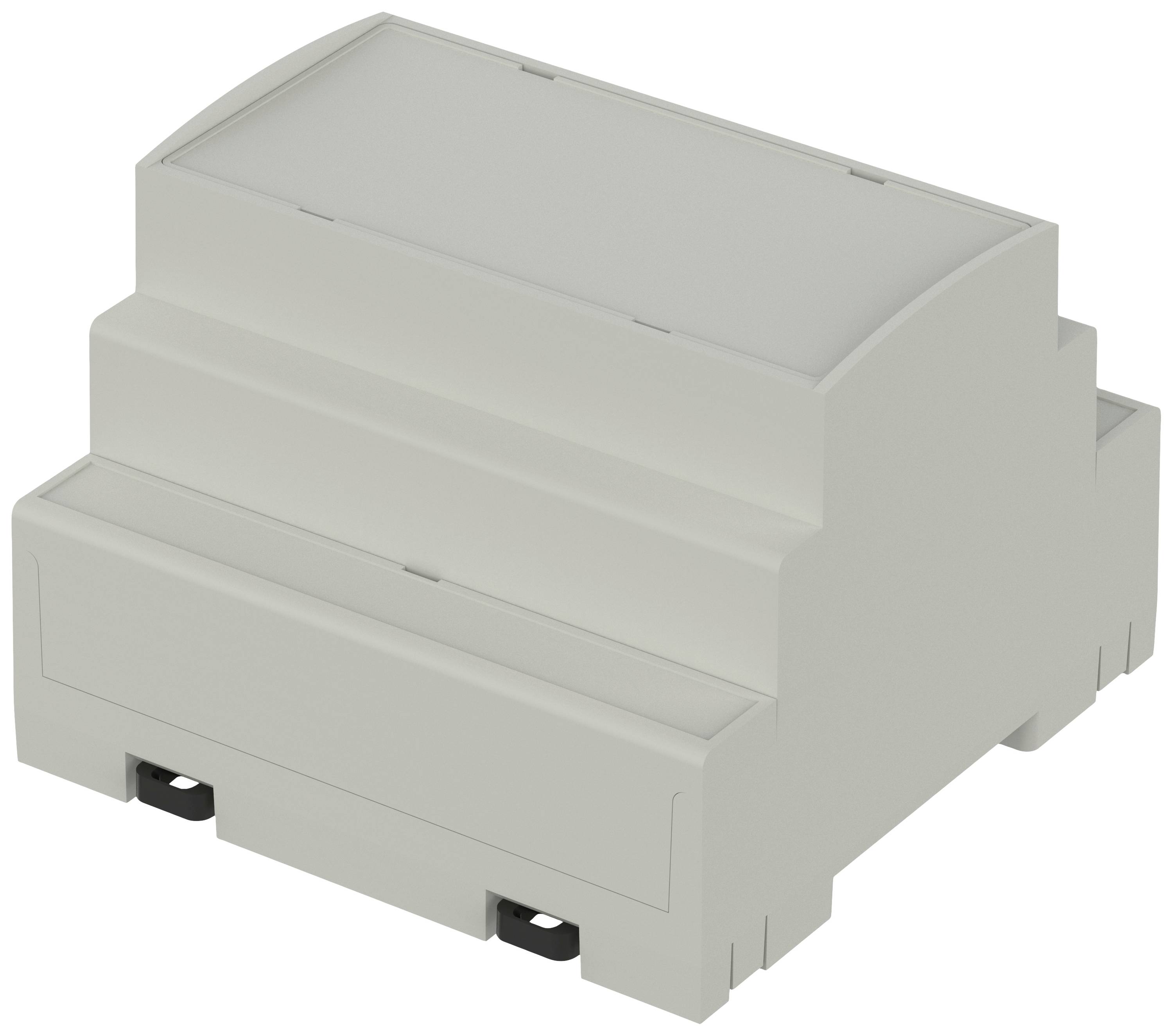 Boîtier pour rail DIN, en plastique, à plusieurs niveaux, adapté aux applications industrielles ou électriques.