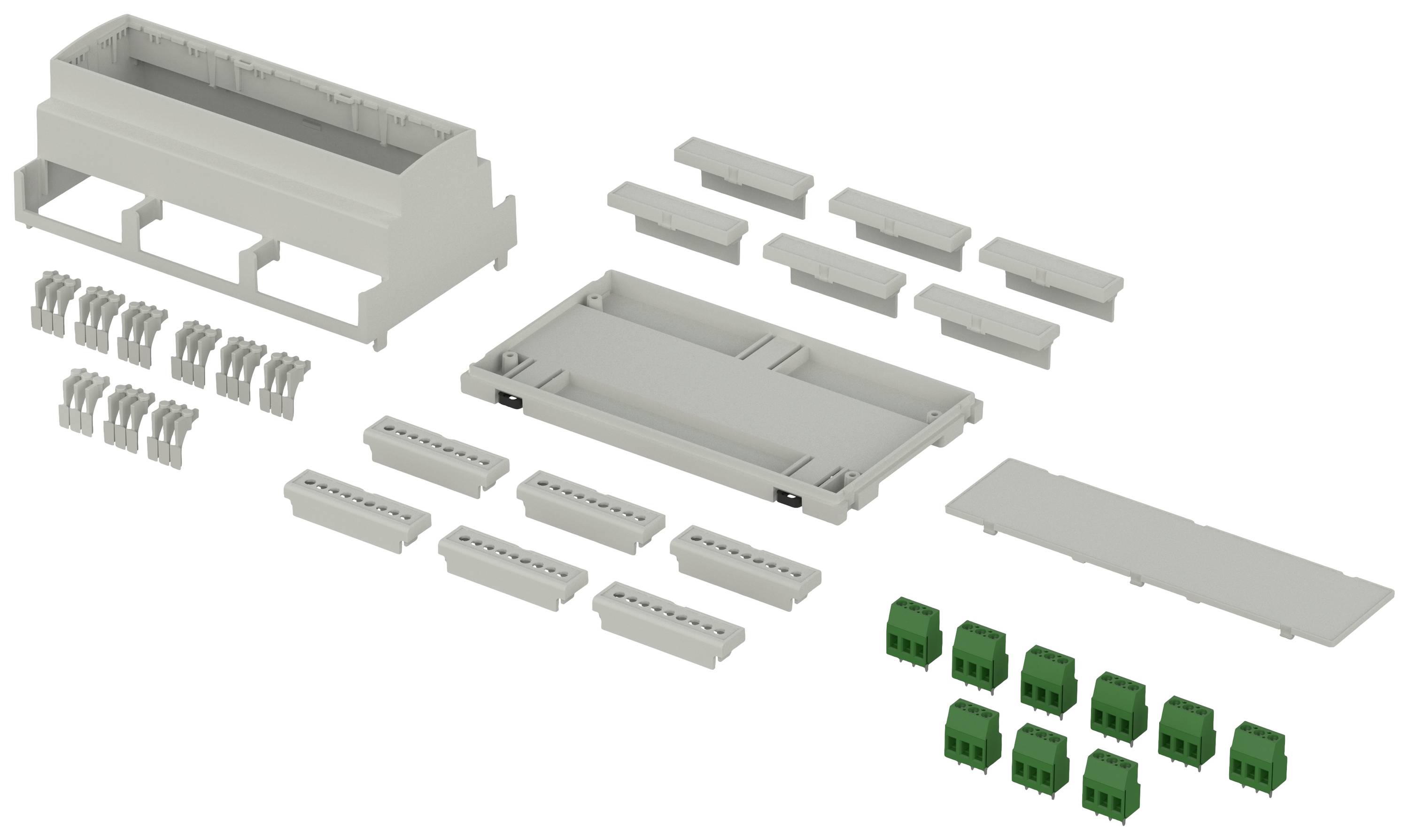 'Ensemble de pièces en plastique comprenant un boîtier, des capots et des connecteurs verts, conçu pour l'installation de composants électriques.'
